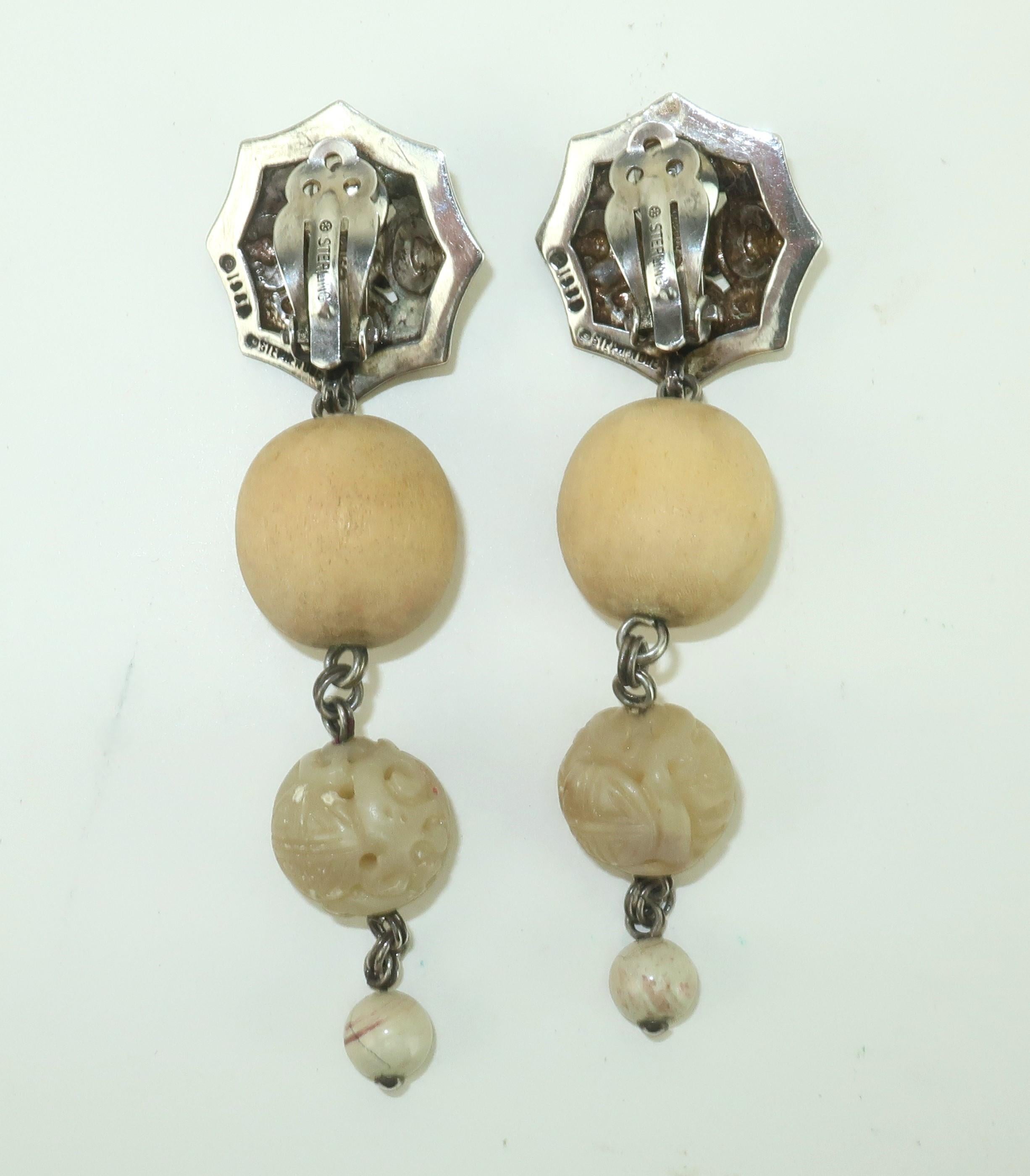 STEPHEN DWECK Tropfen-Ohrringe mit Skarabäus-Tropfen aus Sterling, Holz und Stein, 1989 im Angebot 1