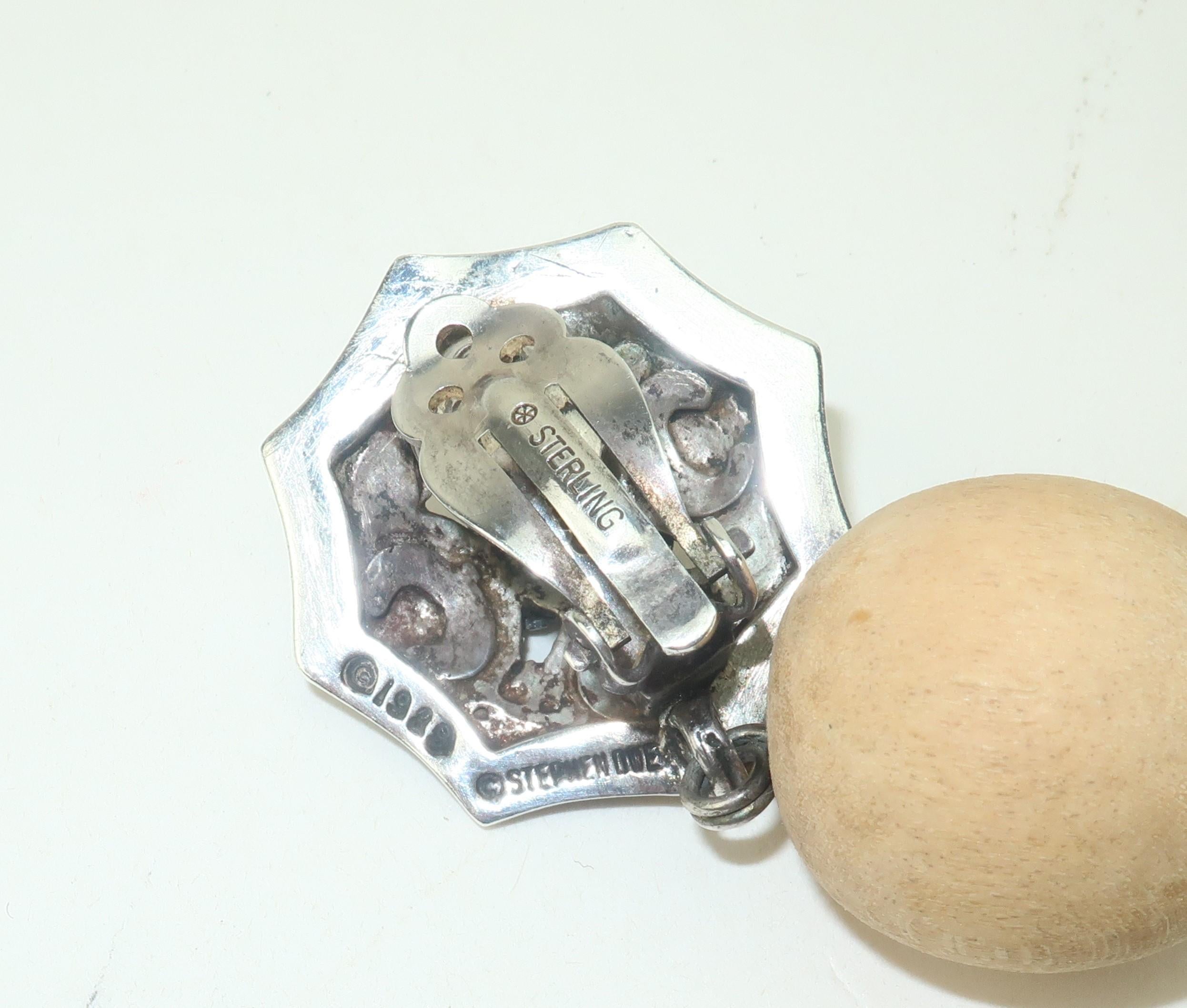 STEPHEN DWECK Tropfen-Ohrringe mit Skarabäus-Tropfen aus Sterling, Holz und Stein, 1989 im Angebot 2