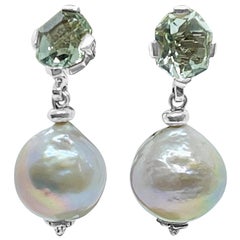 Stephen Dweck Freeform Green Amethyst & Silver Baroque Pearl Drop Earring