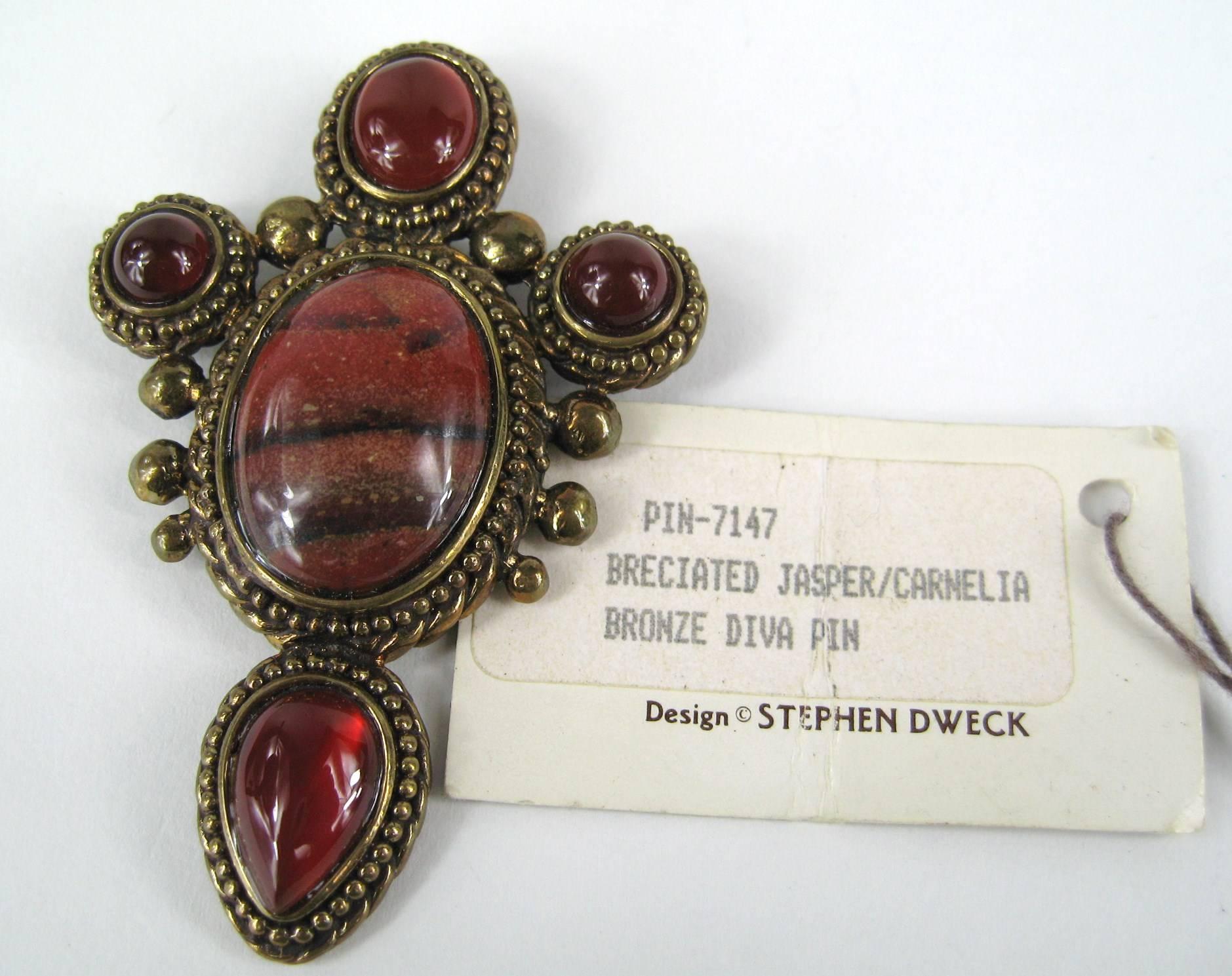 Stephen DWECK Jasper - Carnelian Bronze wash Brooch Pin New, Never worn 1980s In New Condition For Sale In Wallkill, NY