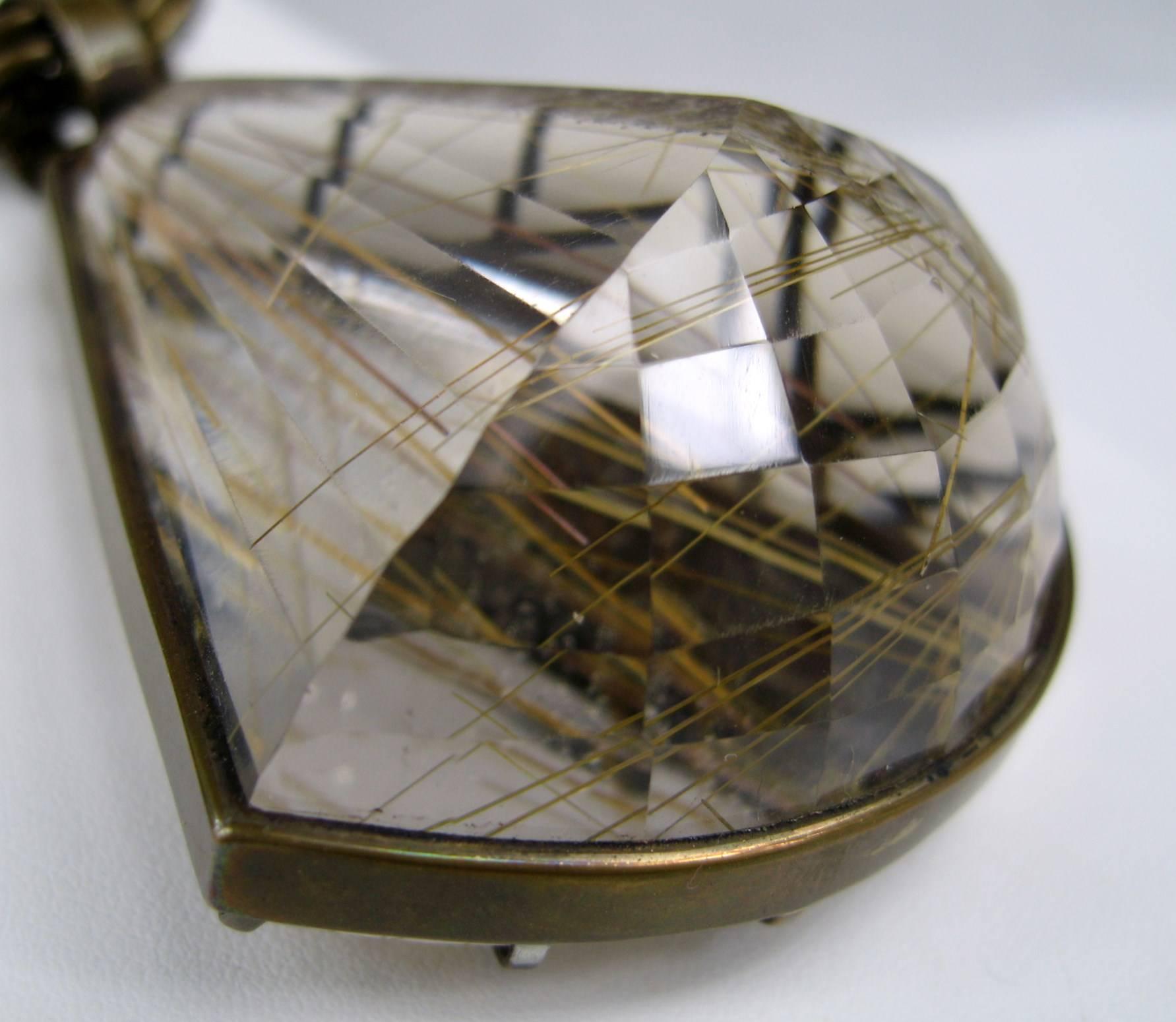  Stephen Dweck Large Caged Rutilated quartz Stone Bronze Necklace, 1990s In New Condition In Wallkill, NY