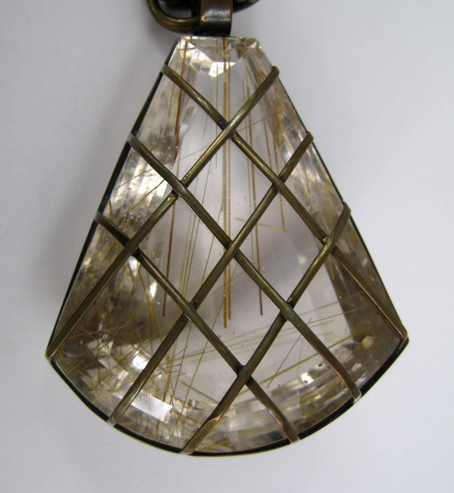  Stephen Dweck Large Caged Rutilated quartz Stone Bronze Necklace, 1990s 1