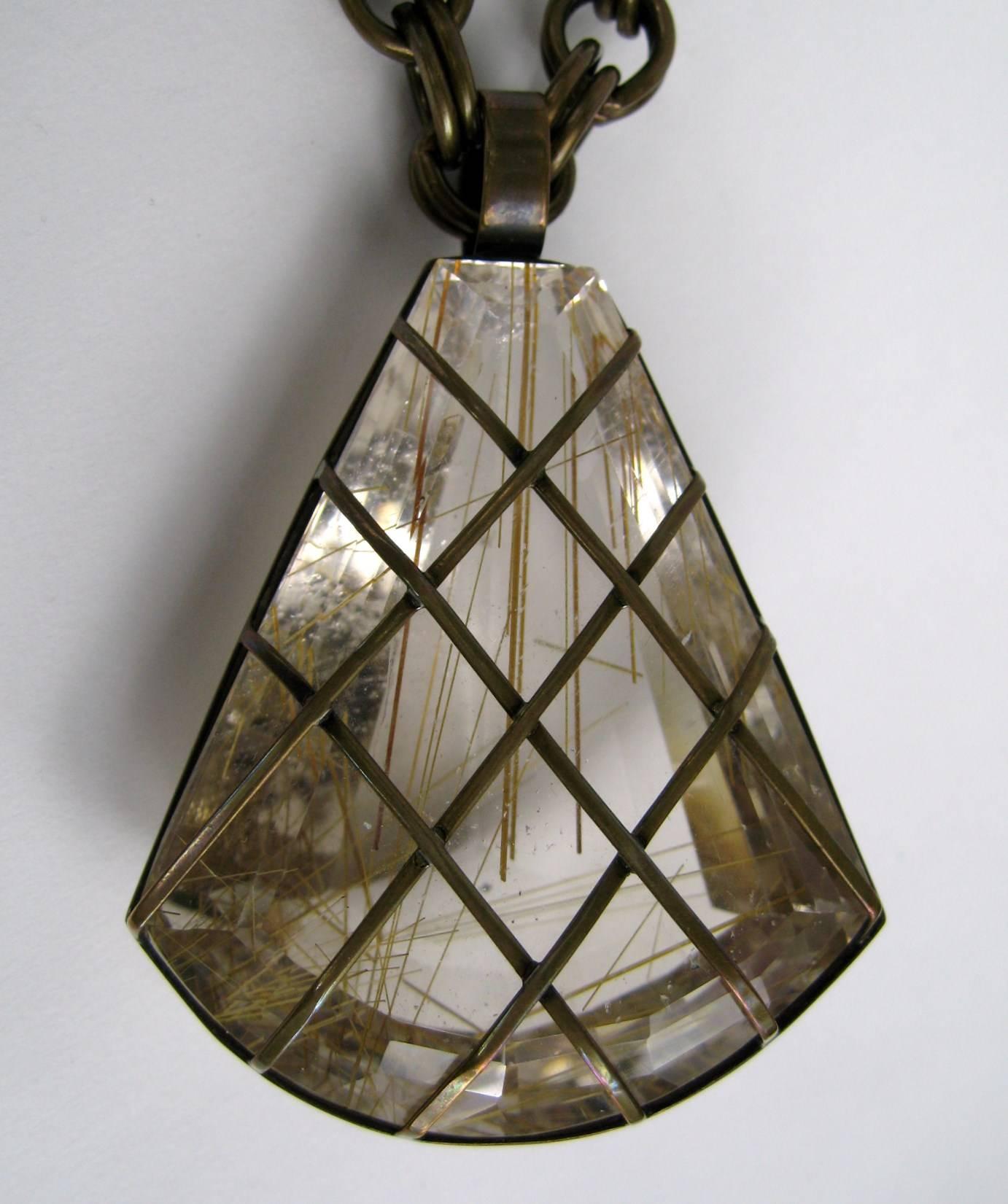  Stephen Dweck Large Caged Rutilated quartz Stone Bronze Necklace, 1990s 2