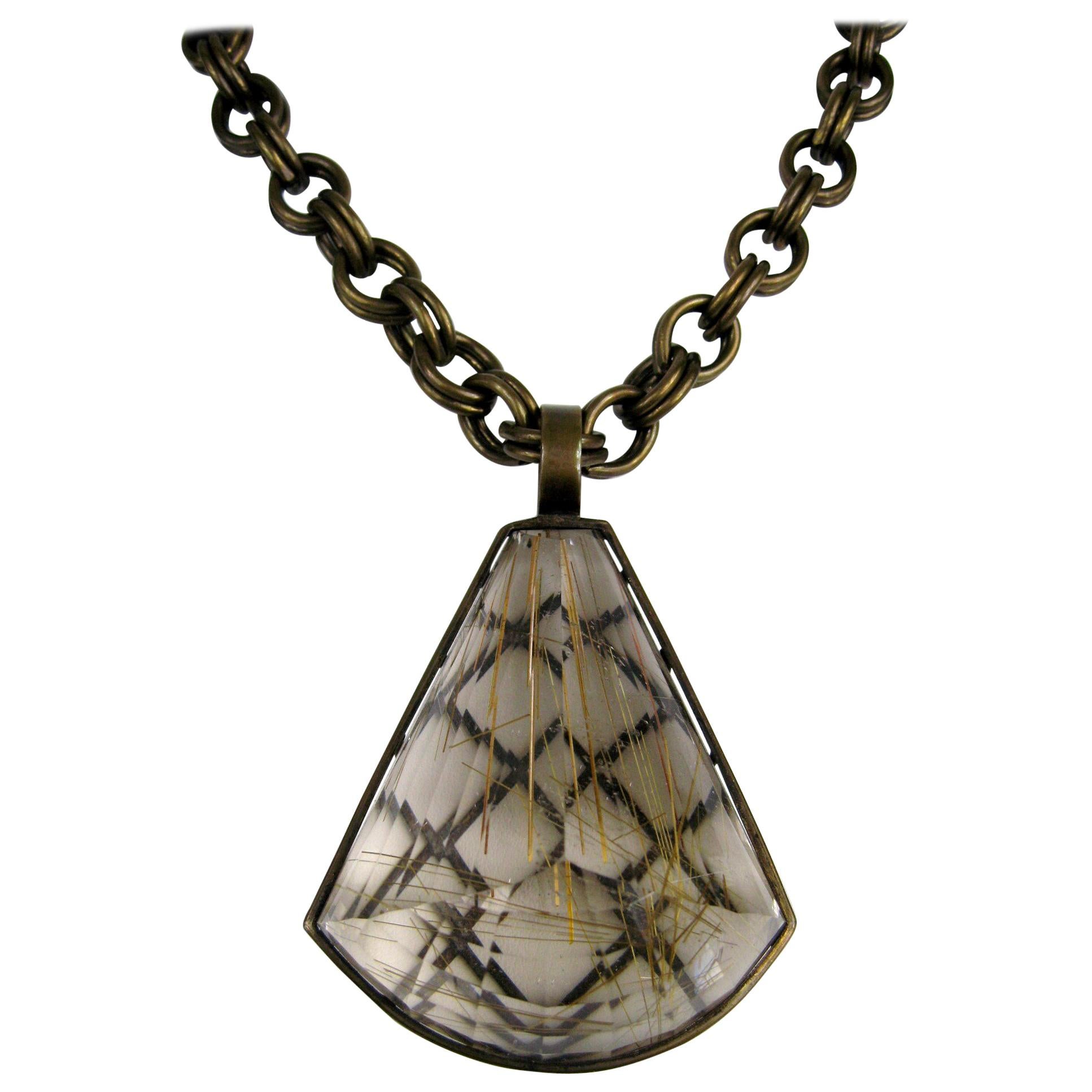 Stephen Dweck Large Caged Rutilated quartz Stone Bronze Necklace, 1990s