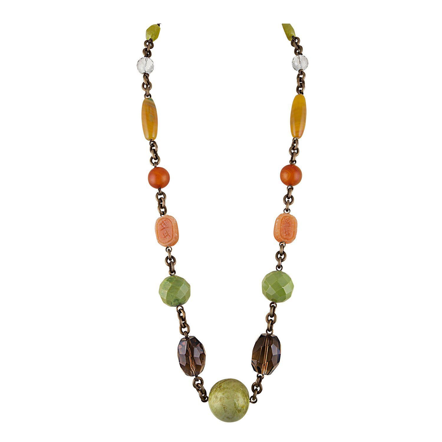 Stephen Dweck Long Carnelian and Agate Brass Necklace