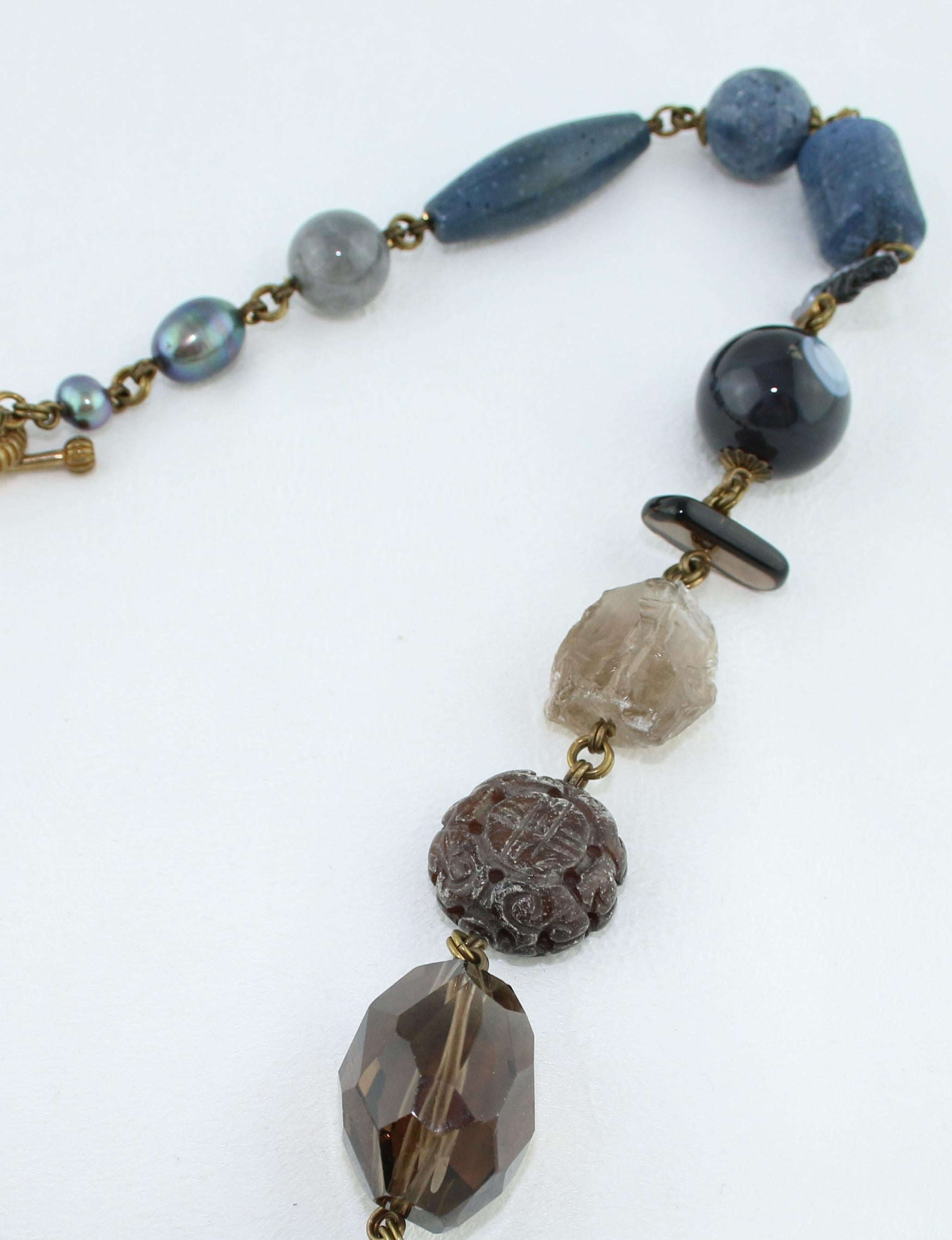 Stephen Dweck Long Quartz and Blue Coral Brass Necklace In New Condition For Sale In New York, NY