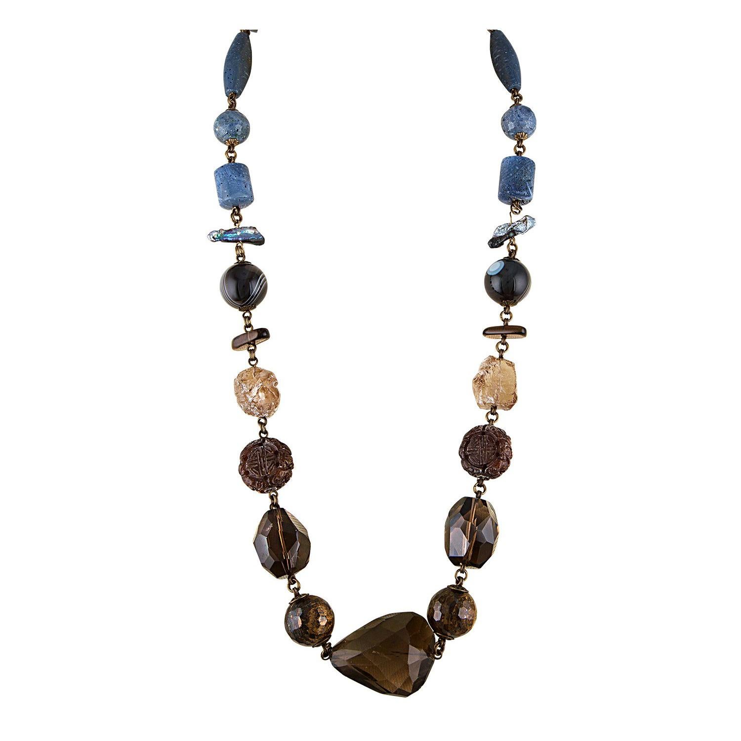 Stephen Dweck Long Quartz and Blue Coral Brass Necklace For Sale