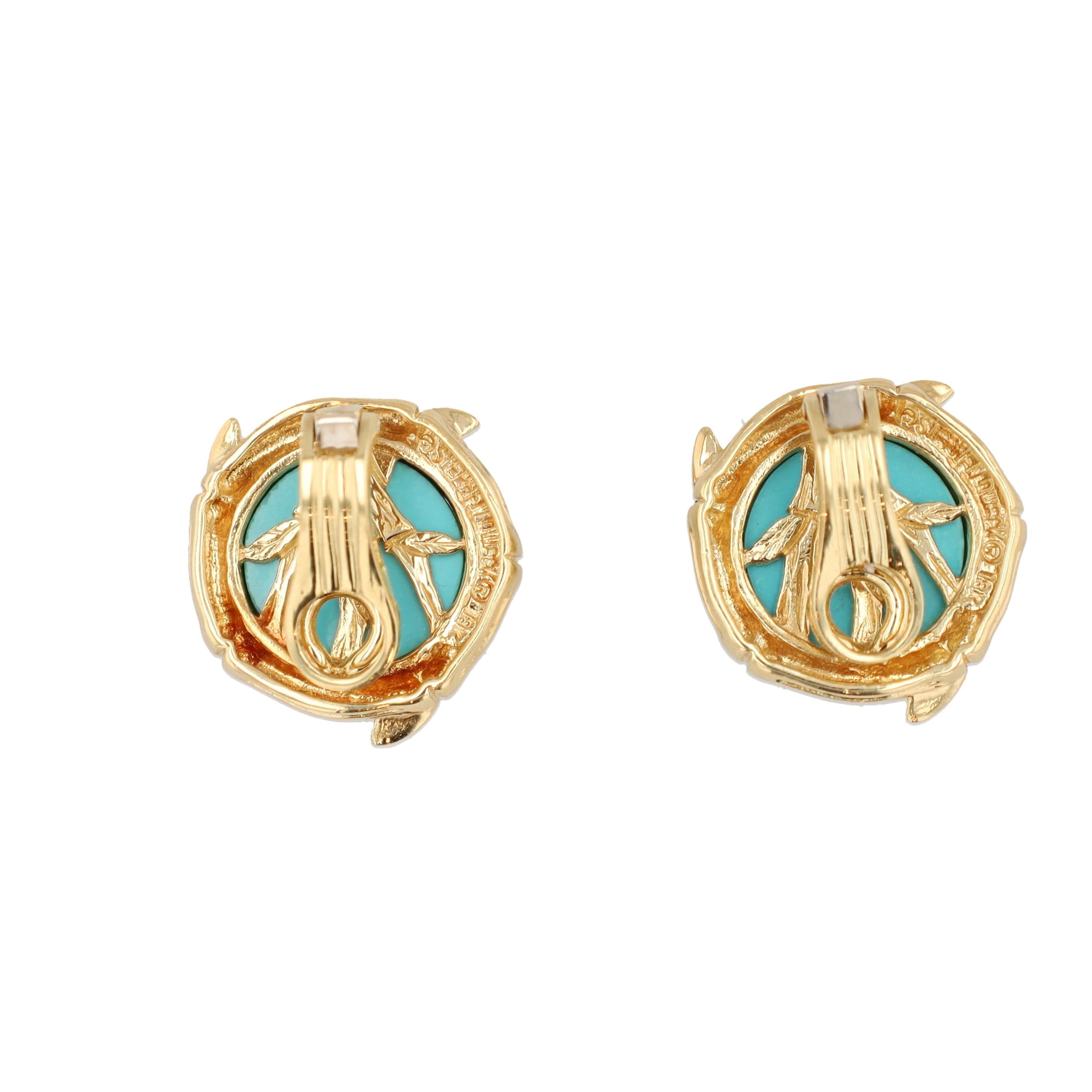 Stephen Dweck Luxury Hand Carved Turquoise Earrings set in 18k yellow gold. These magnificent turquoise earrings showcase designer Stephen Dweck's line of exquisitely crafted fine jewelry. These earrings are clip-ons and are in very good condition.