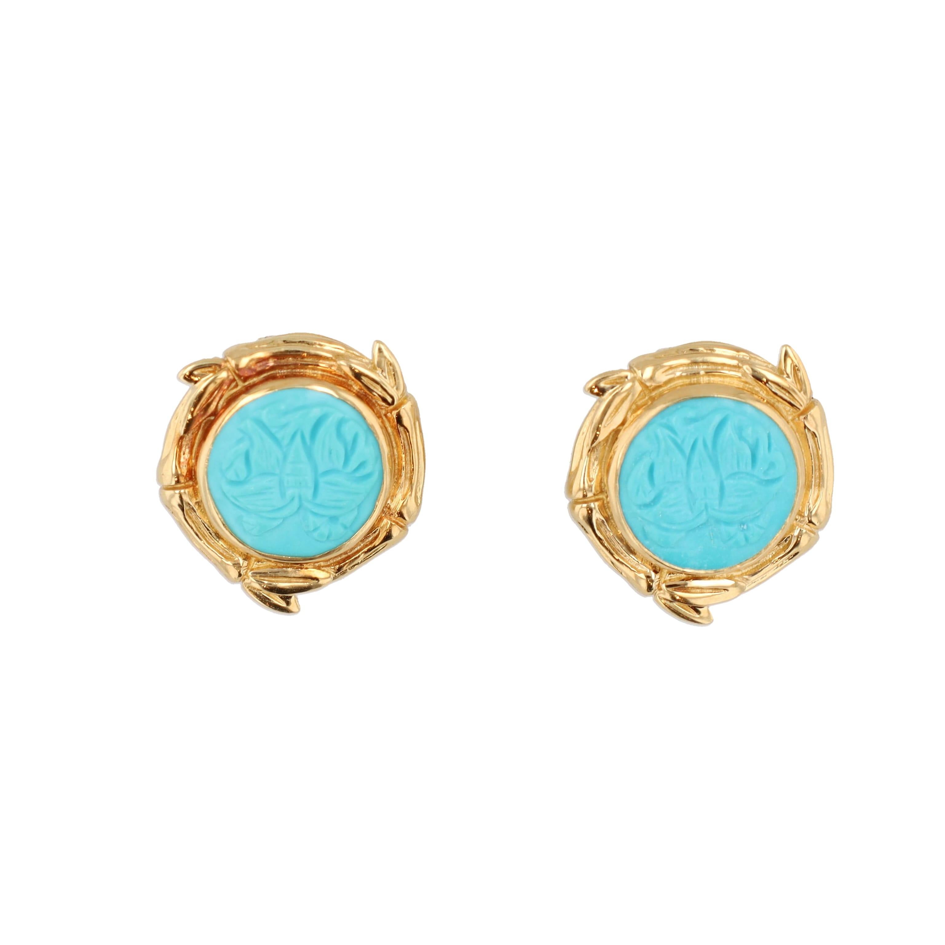 Round Cut Stephen Dweck Luxury Hand Carved Turquoise Earrings For Sale