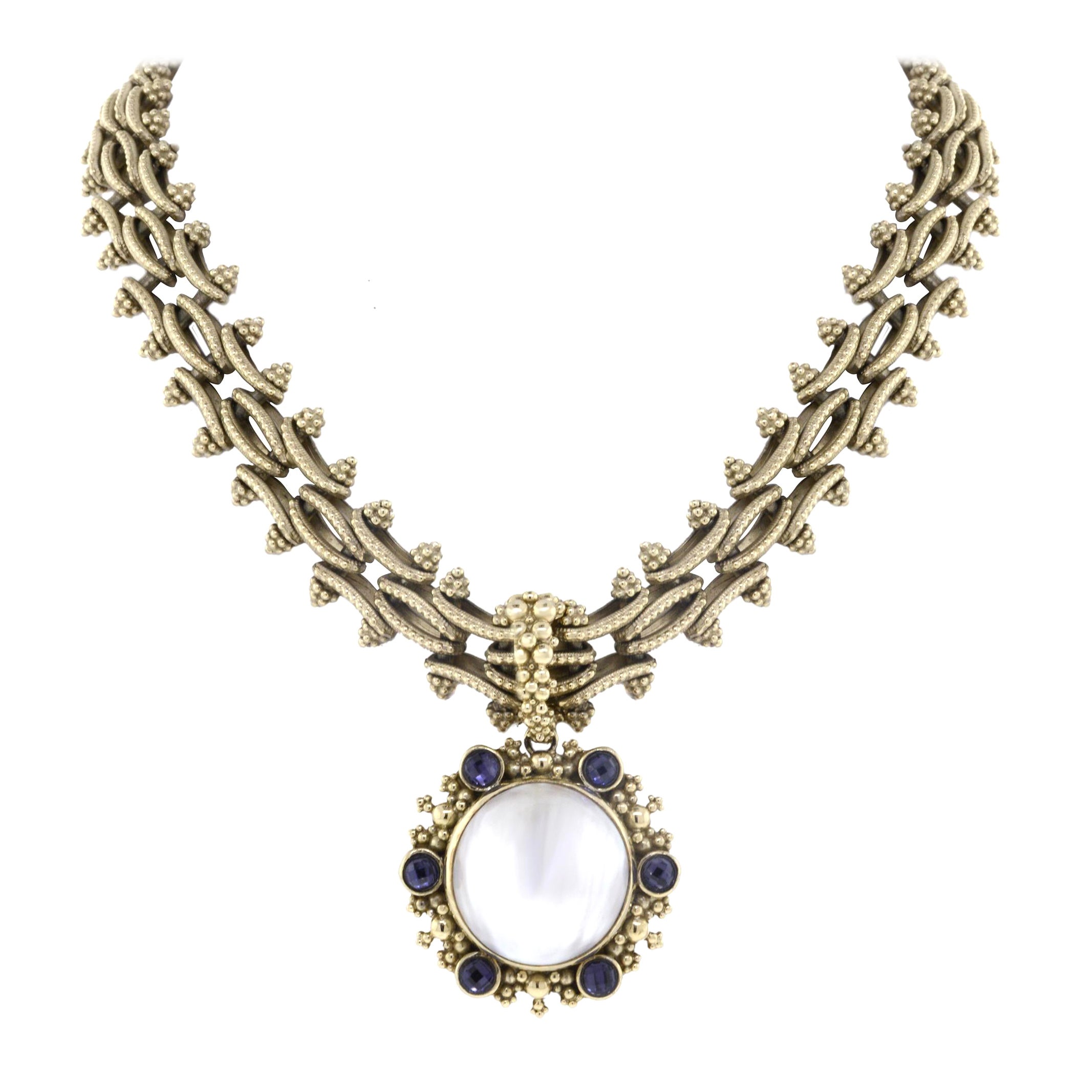 Stephen Dweck MOP Lila Amethyst-Halskette und Ohrringe, 18 Karat Gelbgold Weiß im Angebot