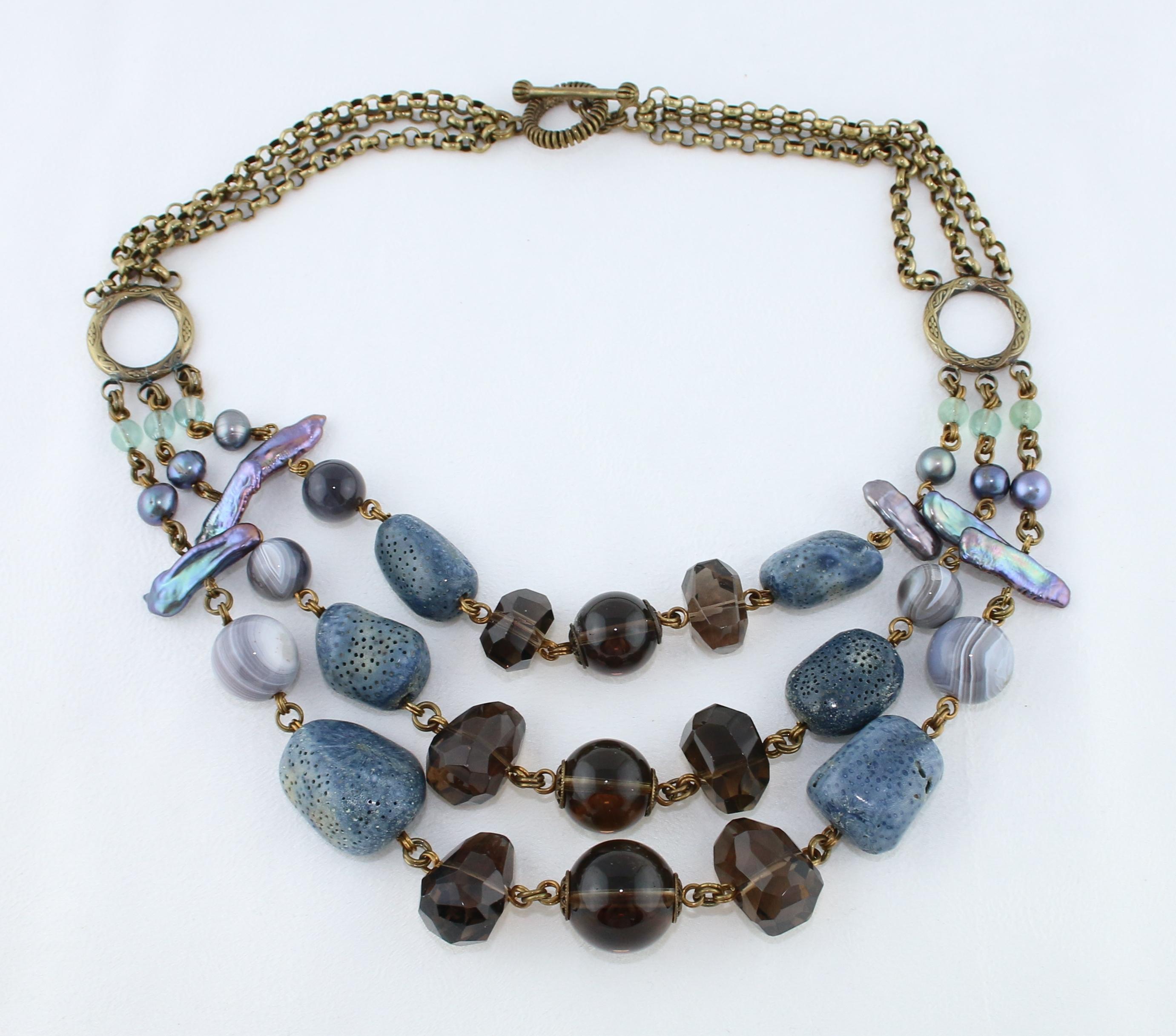 Contemporary Stephen Dweck Multi-Strand Blue Coral Brass Necklace For Sale