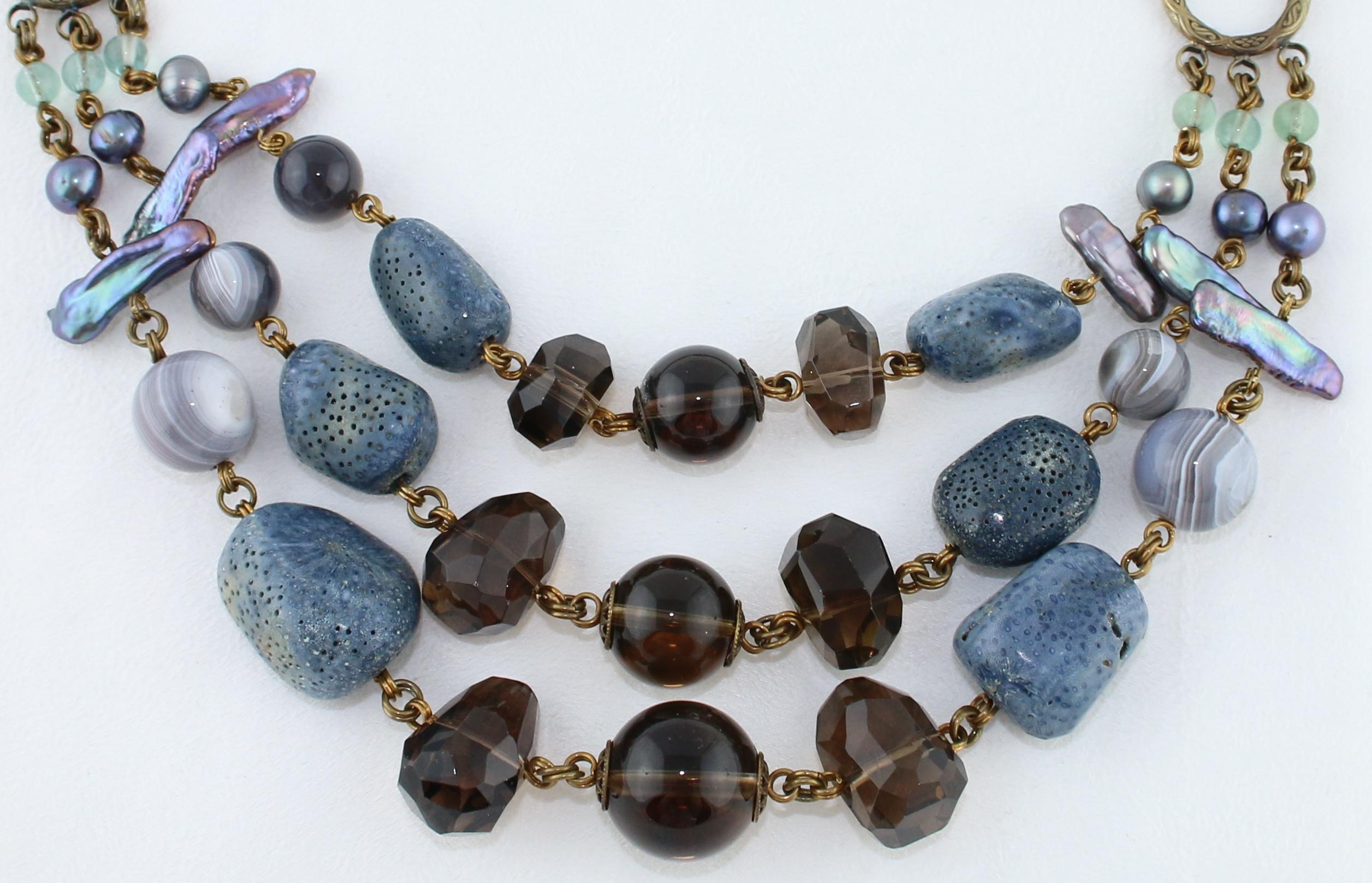 Contemporary Stephen Dweck Multi-Strand Blue Coral Brass Necklace For Sale
