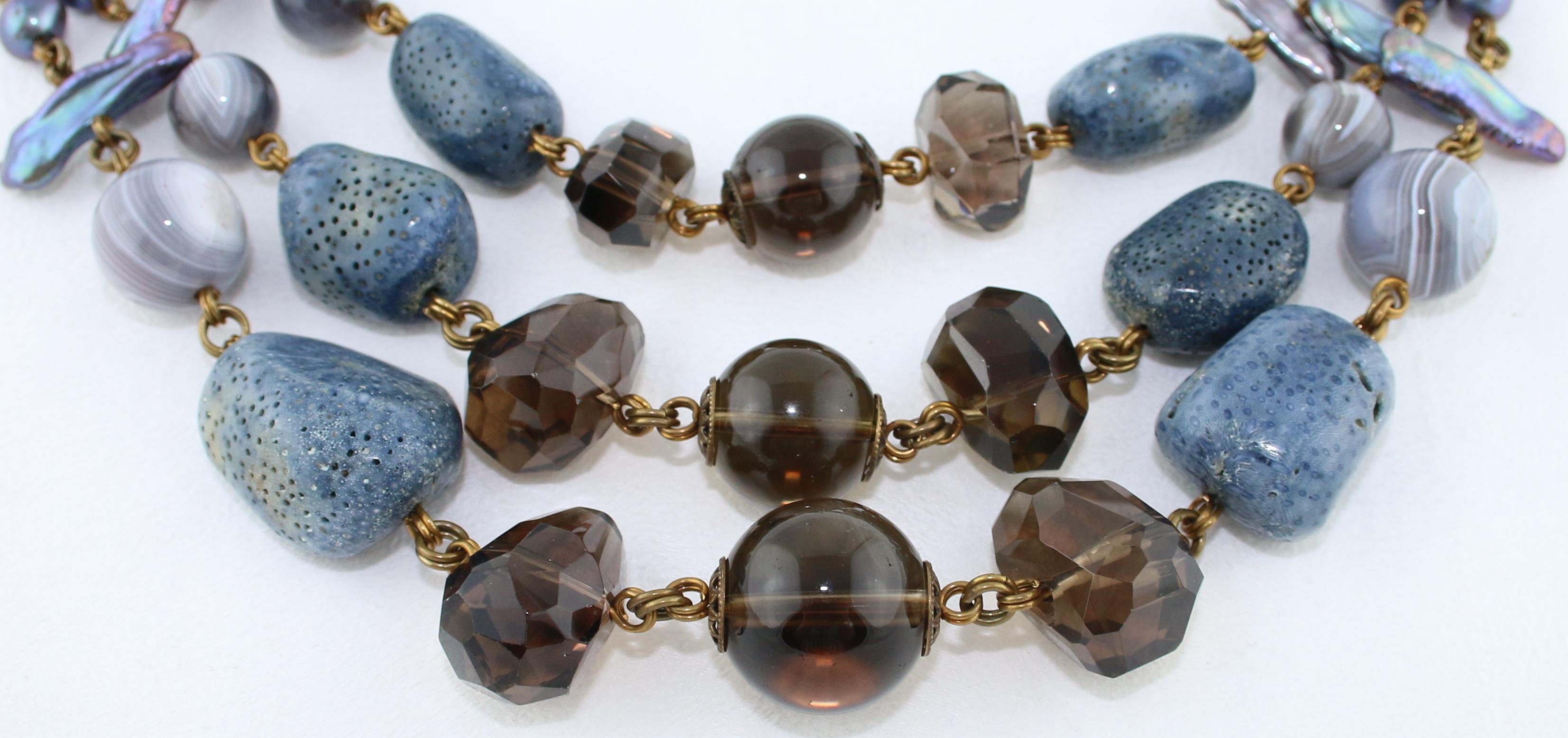 Bead Stephen Dweck Multi-Strand Blue Coral Brass Necklace For Sale