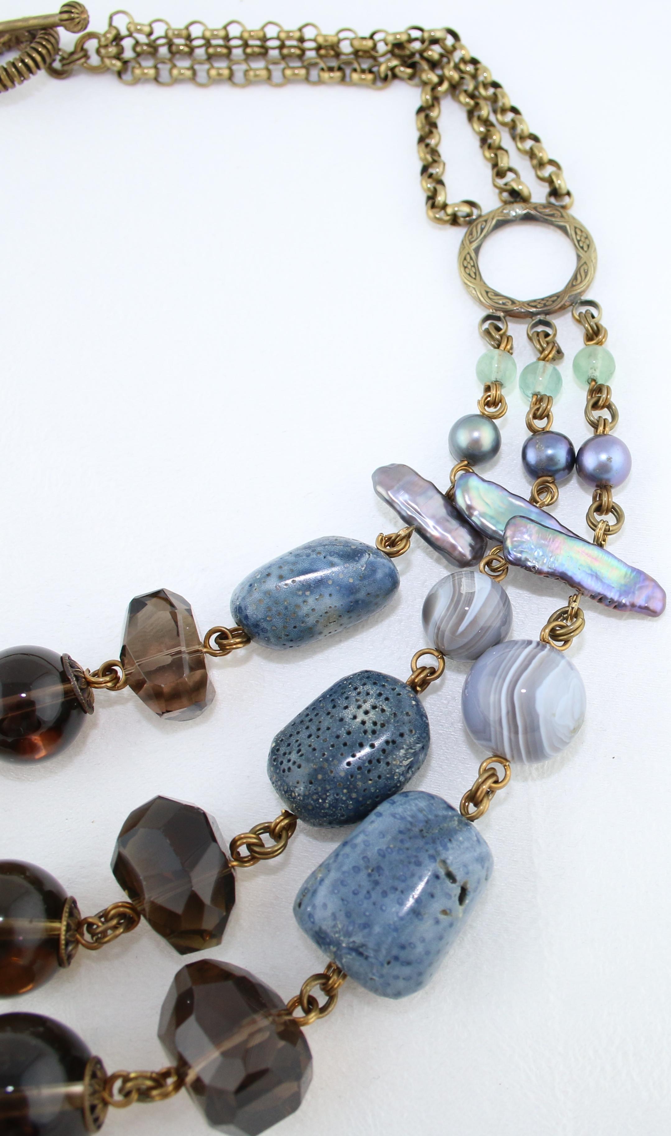 Stephen Dweck Multi-Strand Blue Coral Brass Necklace For Sale 1