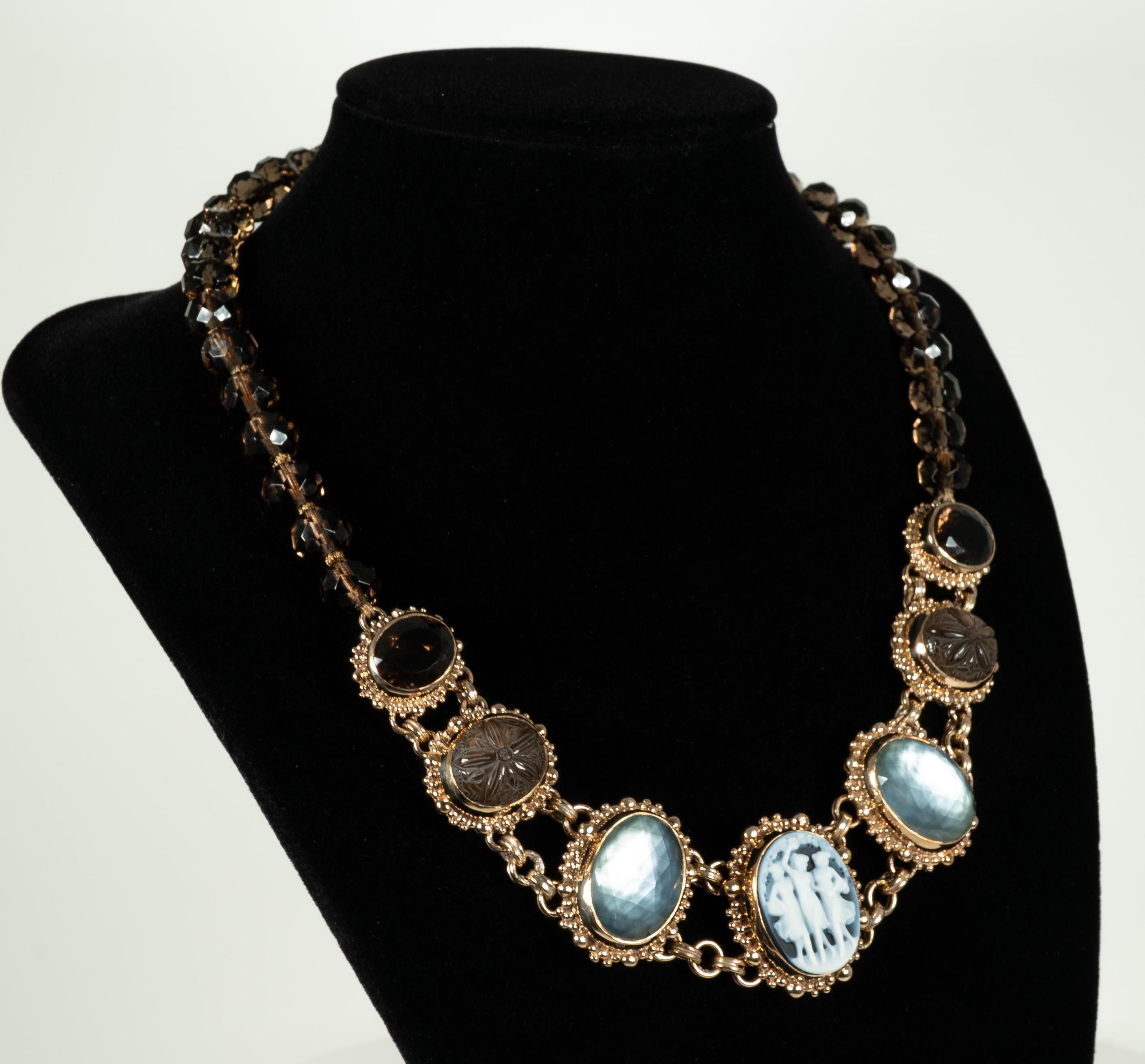 This brass, quartz, cameo necklace is such a fun look by jewelry designer Stephen Dweck!