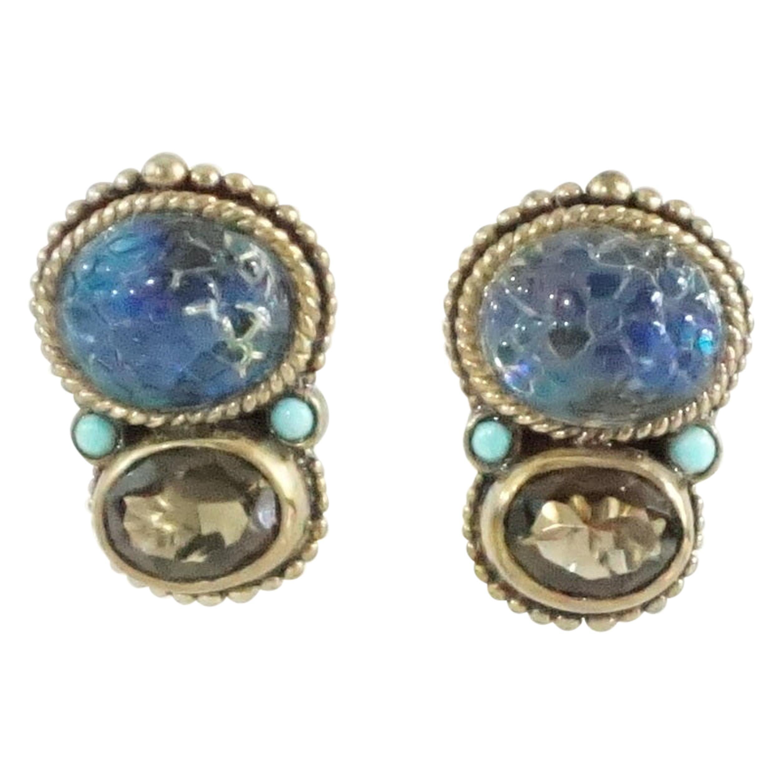 Stephen Dweck smokey and blue carved crystal quartz earrings
