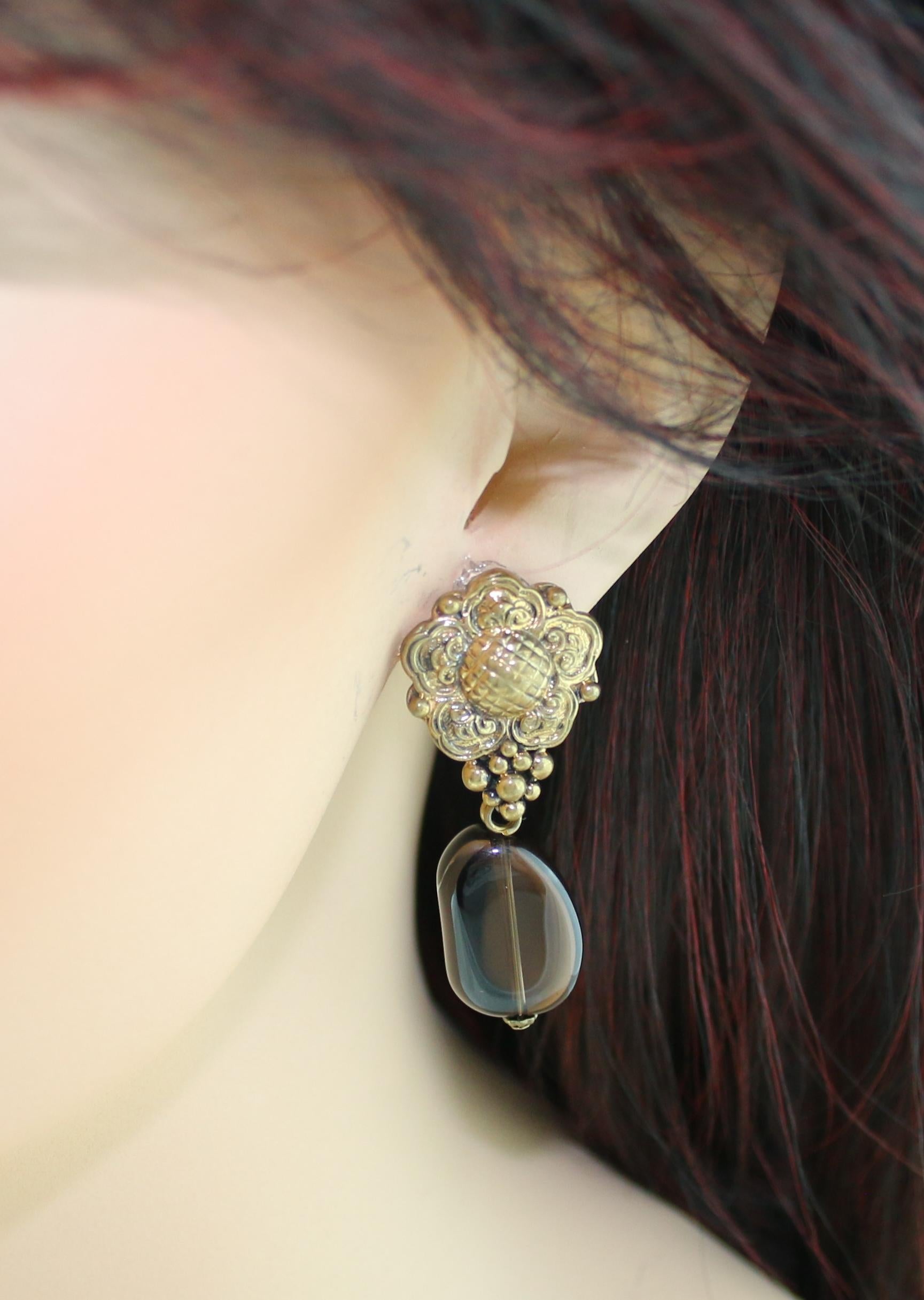Bead Stephen Dweck Smokey Quartz Floral Clip-On Brass Earrings For Sale