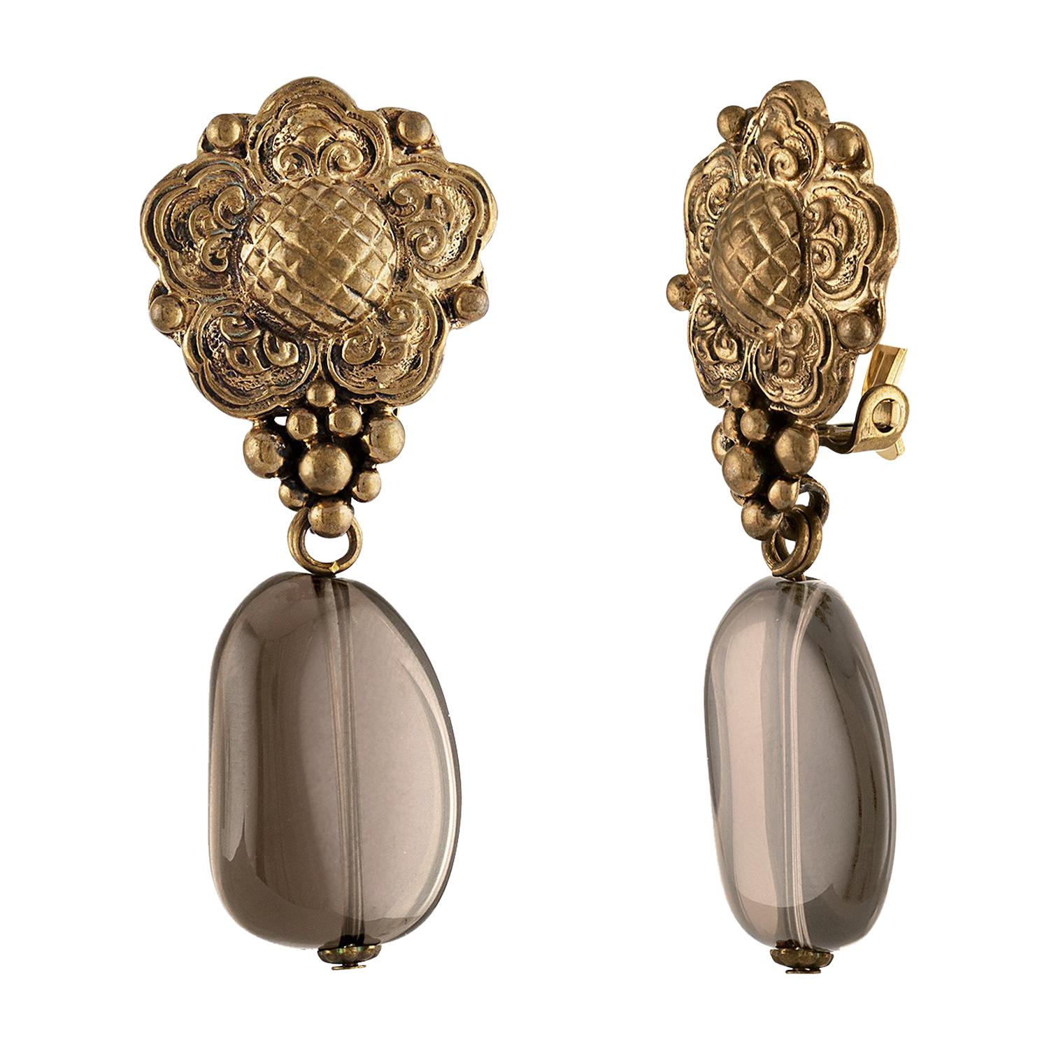 Stephen Dweck Smokey Quartz Floral Clip-On Brass Earrings