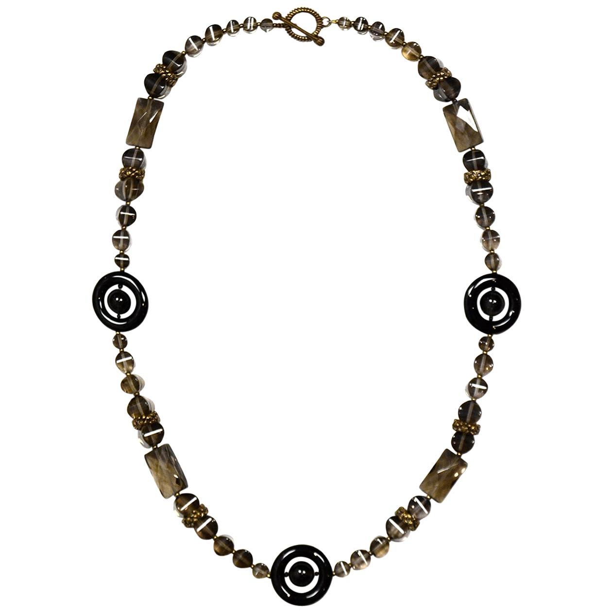 Stephen Dweck Long Carnelian and Agate Brass Necklace For Sale at 1stDibs