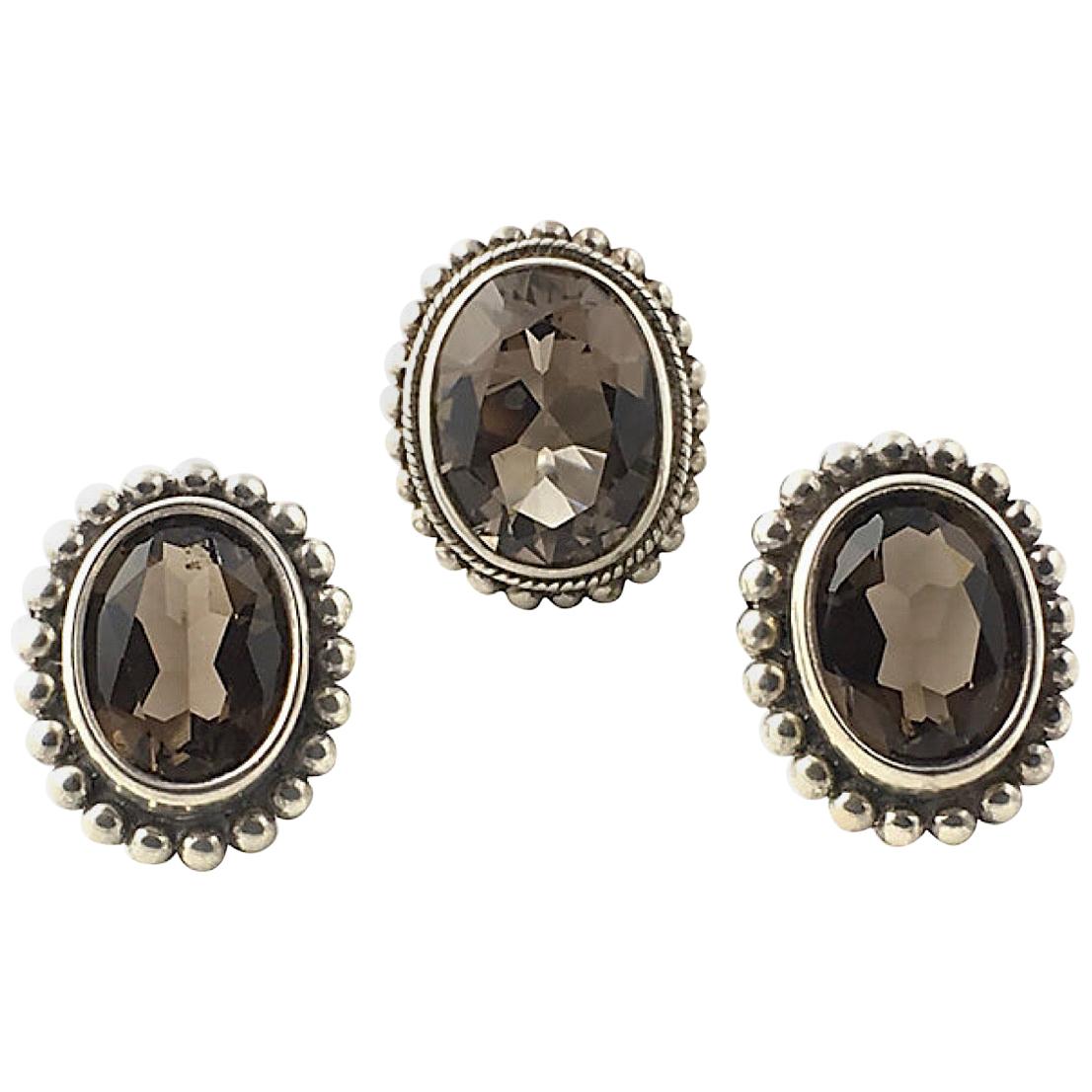 Stephen Dweck Smoky Topaz Sterling Silver Clip-On Earrings and Ring Set For Sale