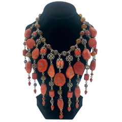 Stephen Dweck Collier à bavette frangée en corail, agate et argent