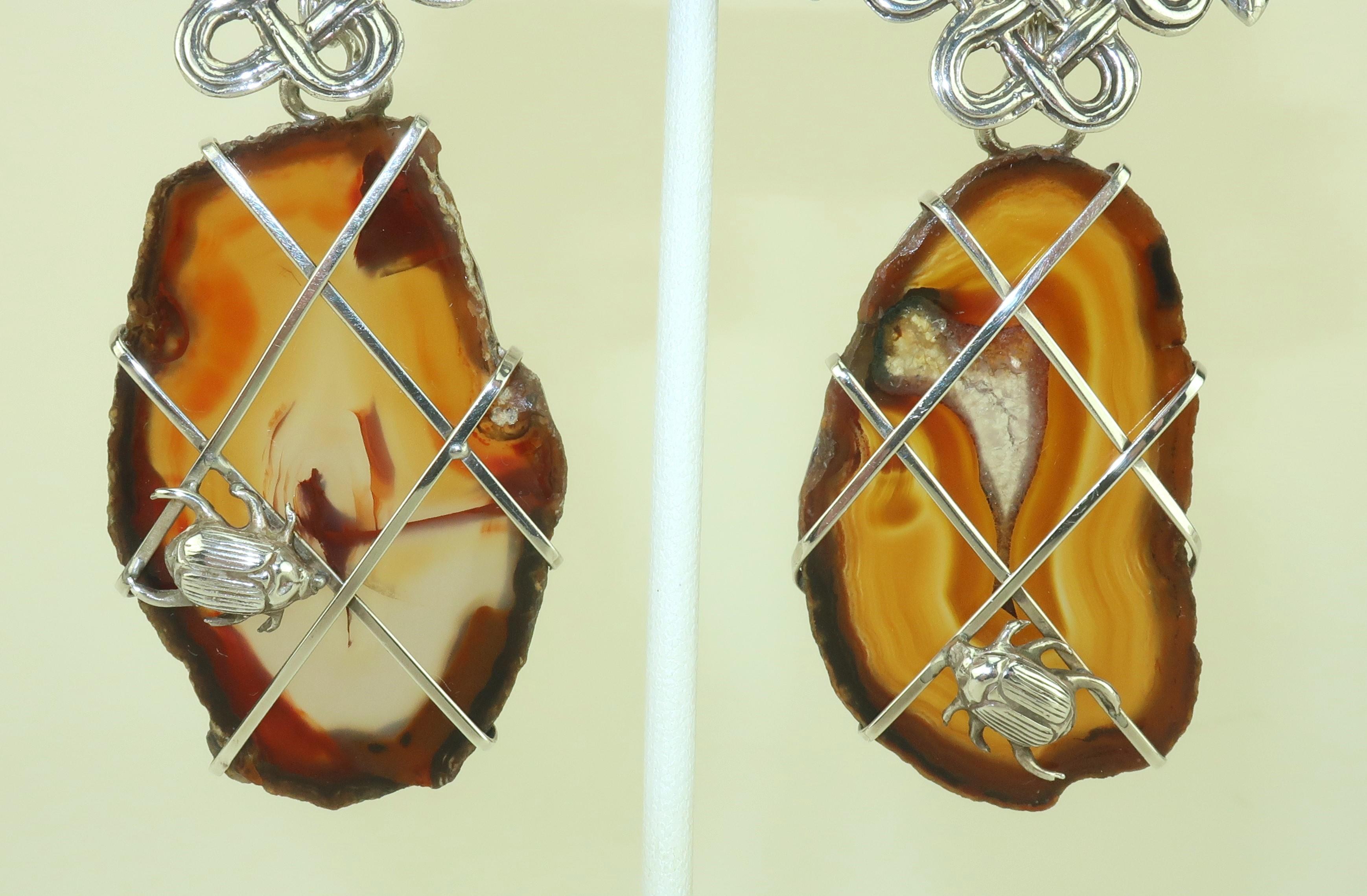 Artisan STEPHEN DWECK Sterling & Agate Scarab Earrings, 1989 For Sale