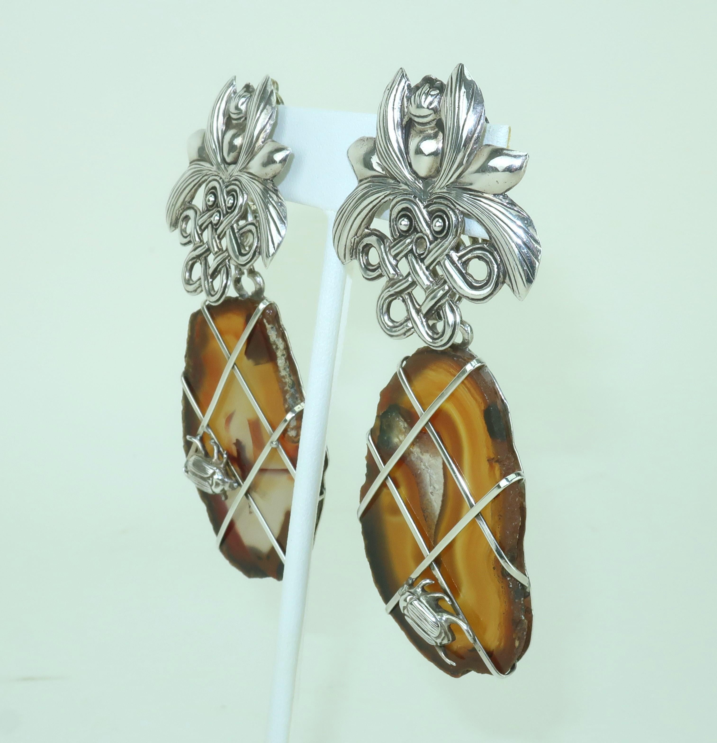 Rough Cut STEPHEN DWECK Sterling & Agate Scarab Earrings, 1989 For Sale