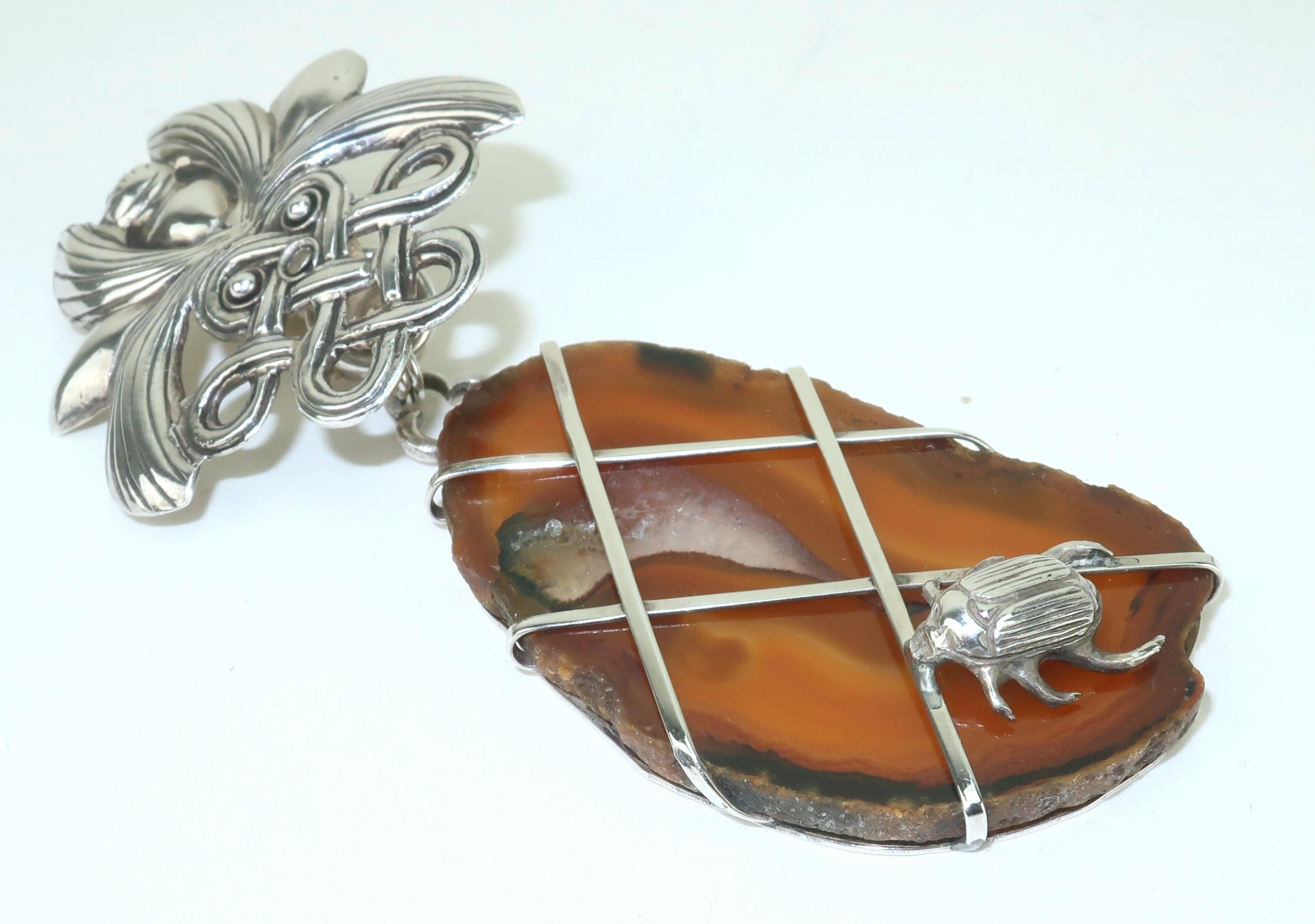 STEPHEN DWECK Sterling & Agate Scarab Earrings, 1989 For Sale 1