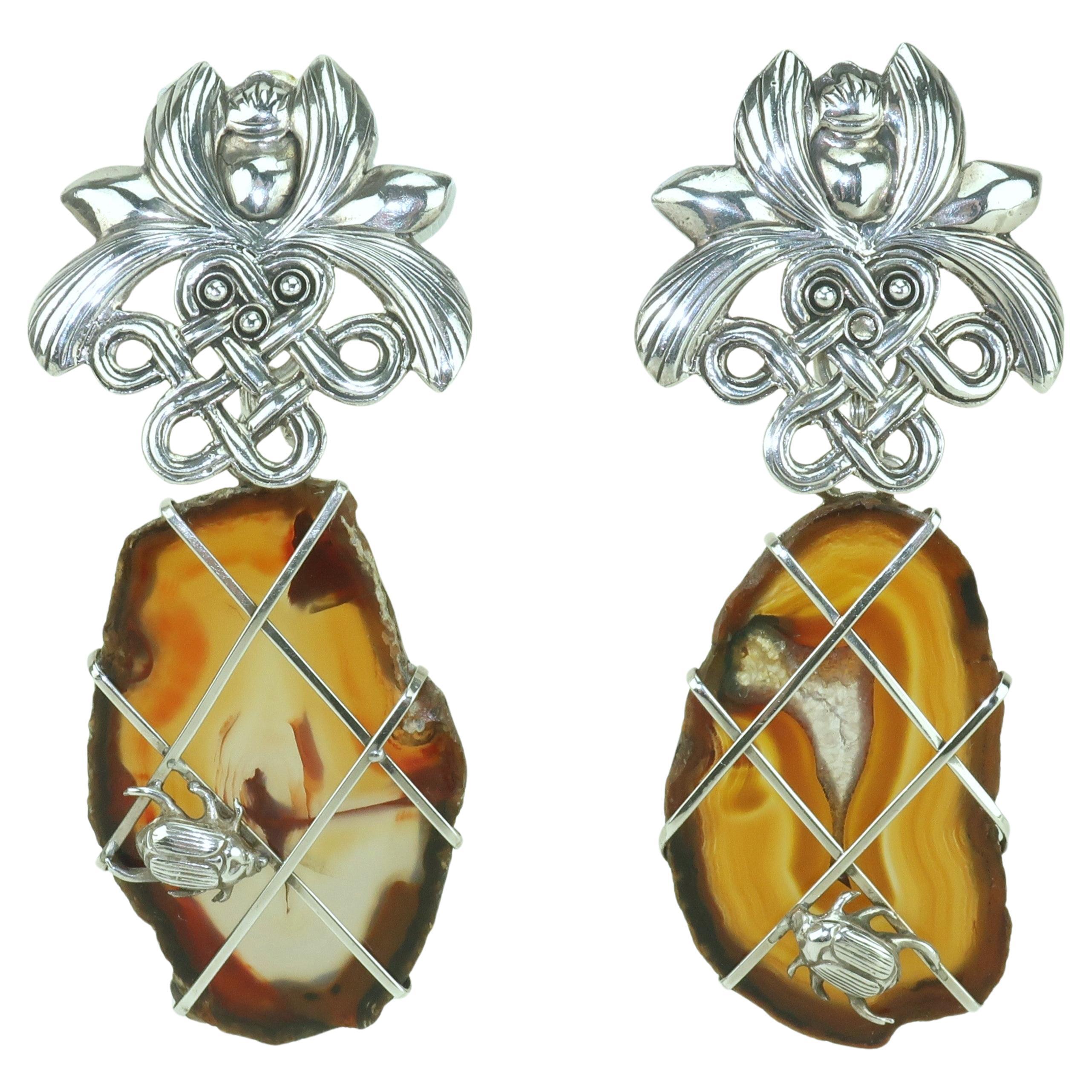 STEPHEN DWECK Sterling & Agate Scarab Earrings, 1989