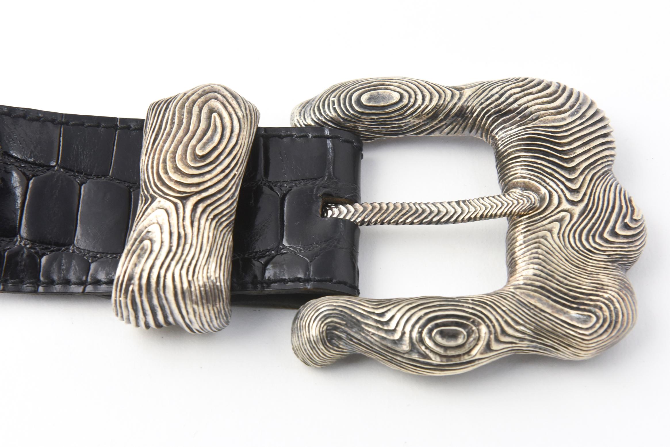 Stephen Dweck Sterling Belt Buckle on Falchi Black Alligator Leather Belt 1