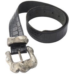 Vintage Stephen Dweck Sterling Belt Buckle on Falchi Black Alligator Leather Belt