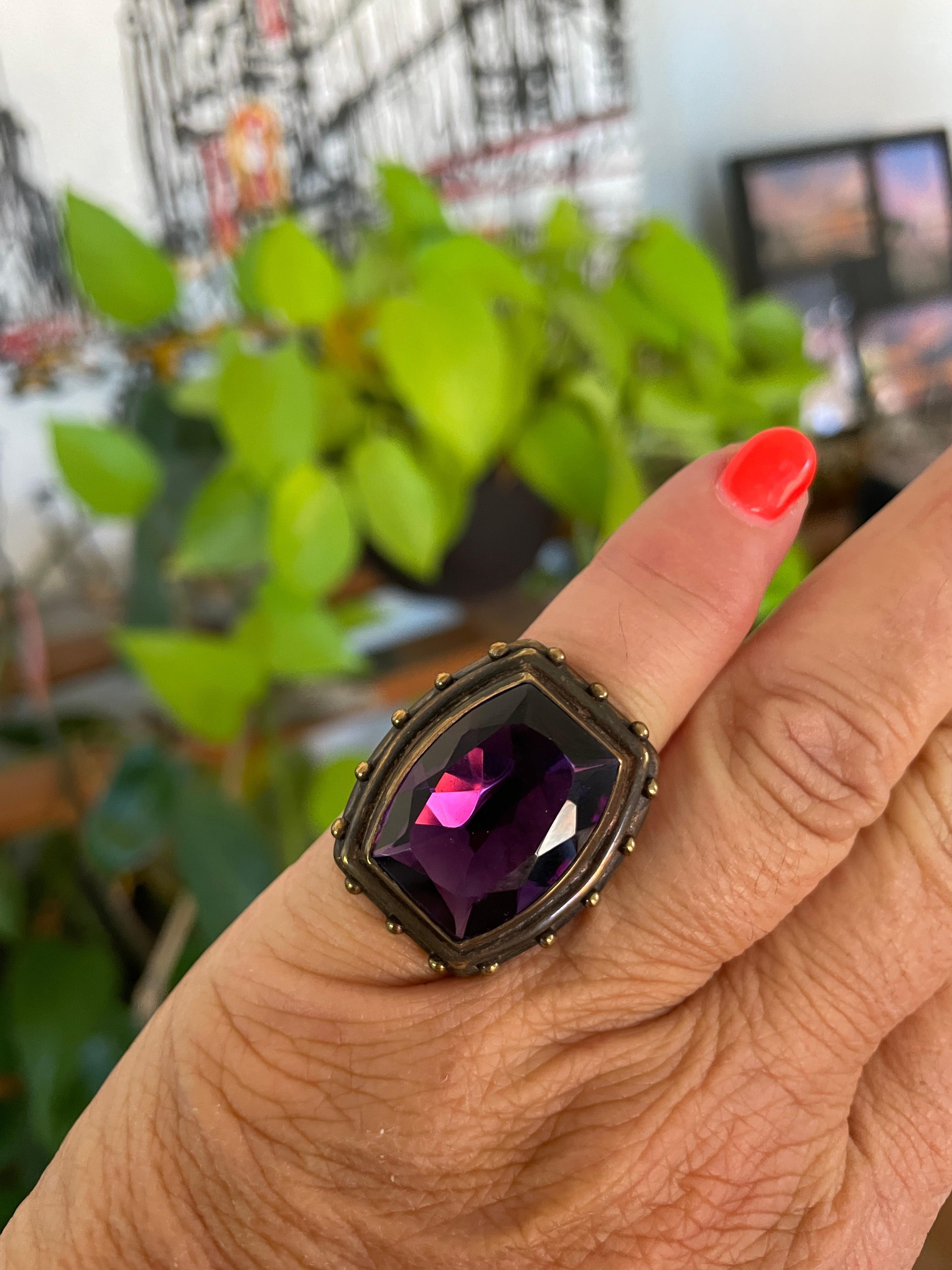 Stephen DWECK Sterling silver Bronze Faceted Amethyst Ring,  1990s In Excellent Condition For Sale In Wallkill, NY
