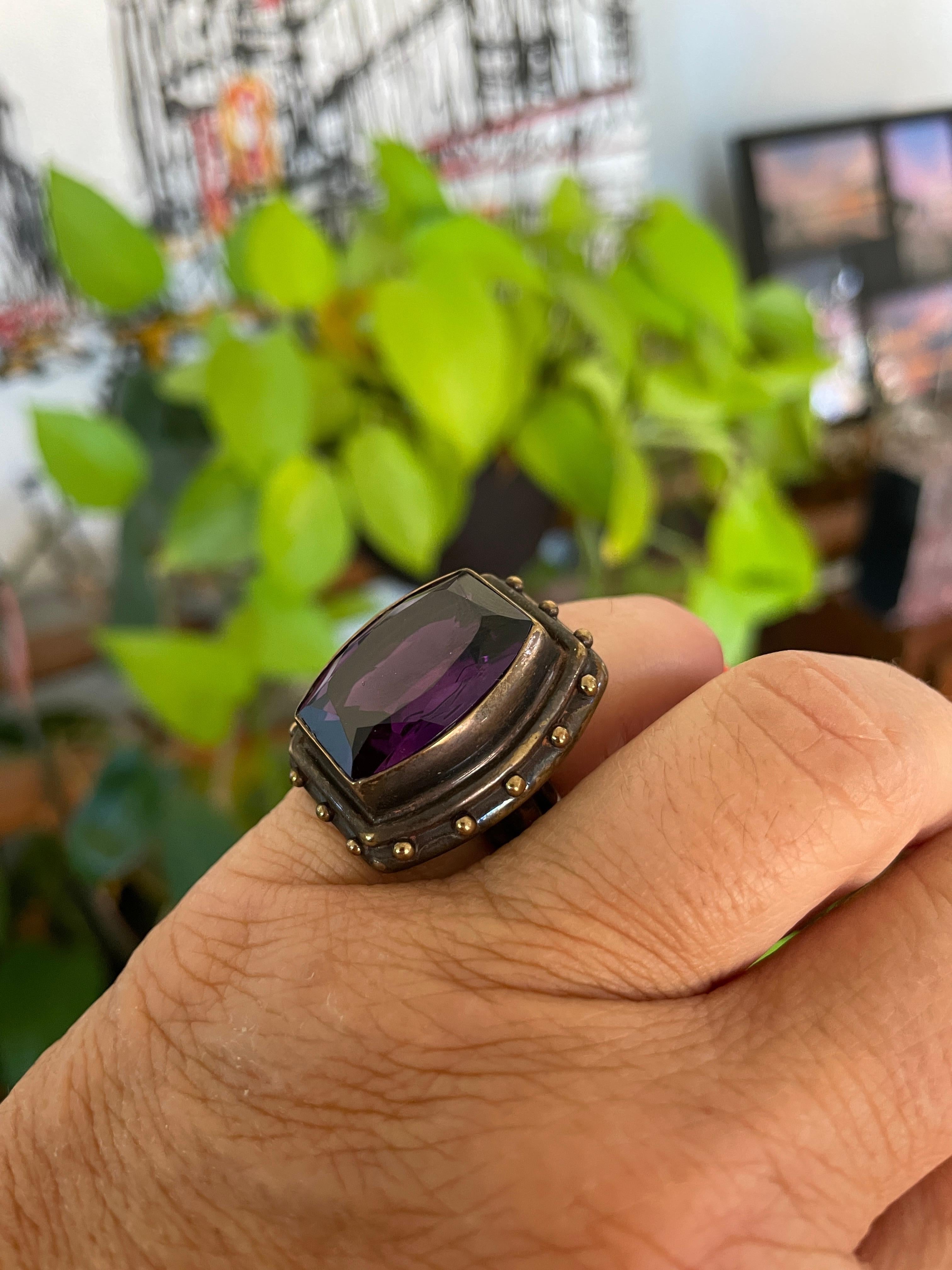 Women's Stephen DWECK Sterling silver Bronze Faceted Amethyst Ring,  1990s For Sale