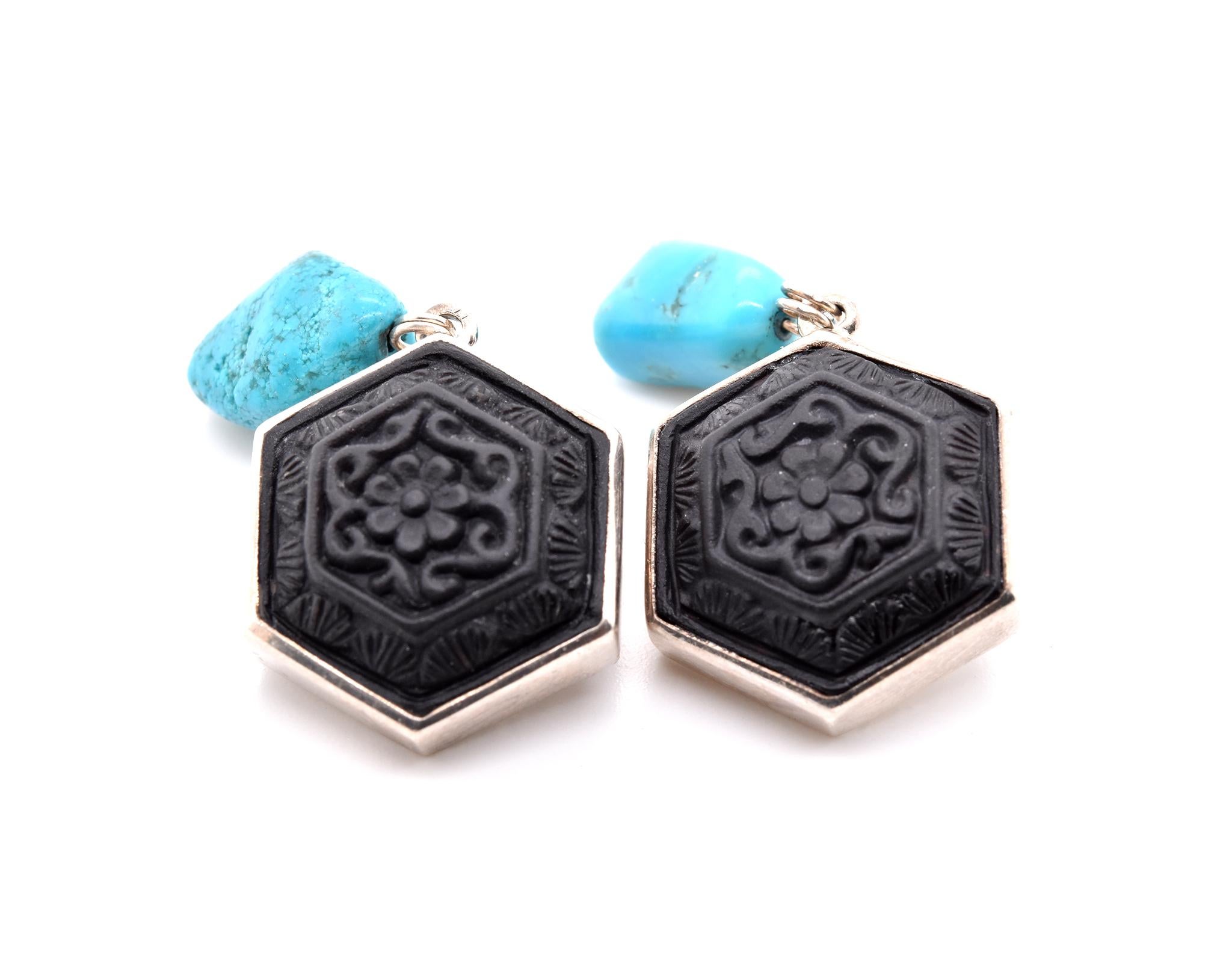 Designer: Stephen Dweck
Material: sterling silver
Gemstone: carved onyx and turquoise nuggets
Dimensions: earrings measure 17.90mm x 36.43mm
Weight: 17.7 grams
