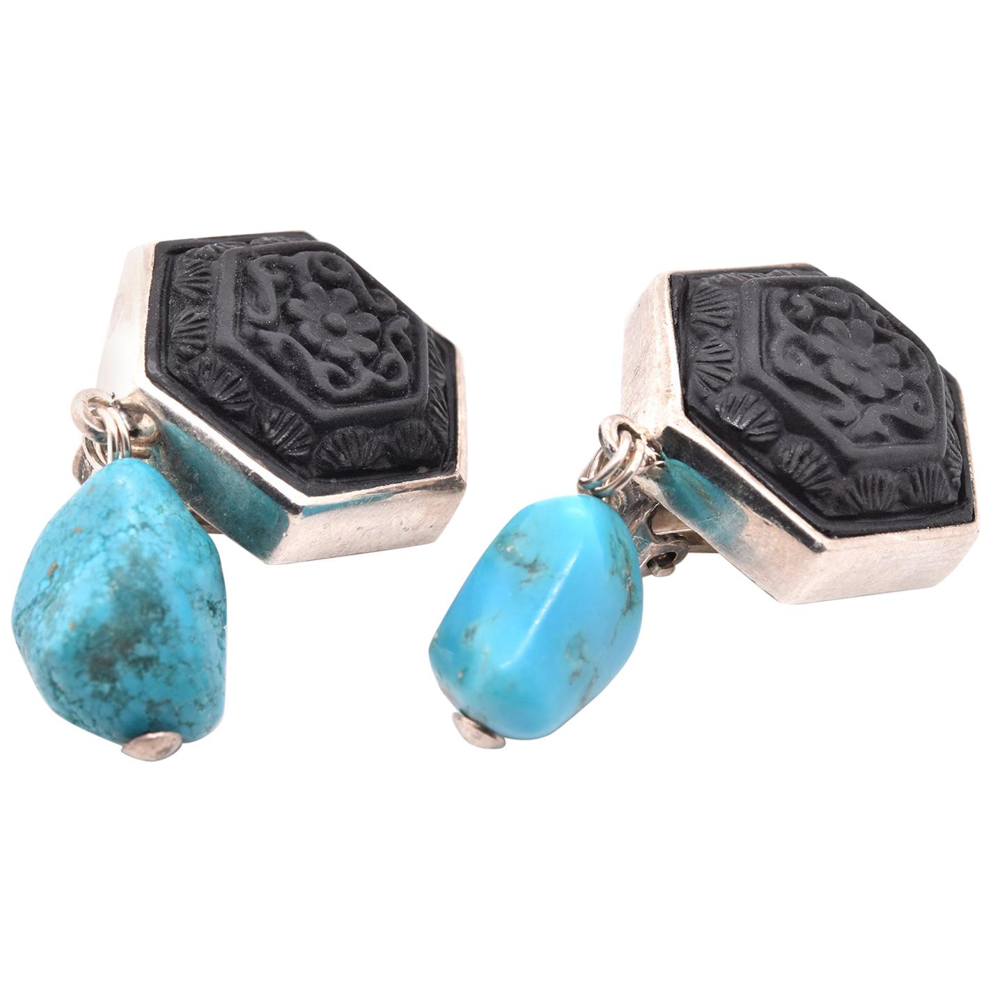 Stephen Dweck Sterling Silver Carved Onyx and Turquoise Dangle Earrings