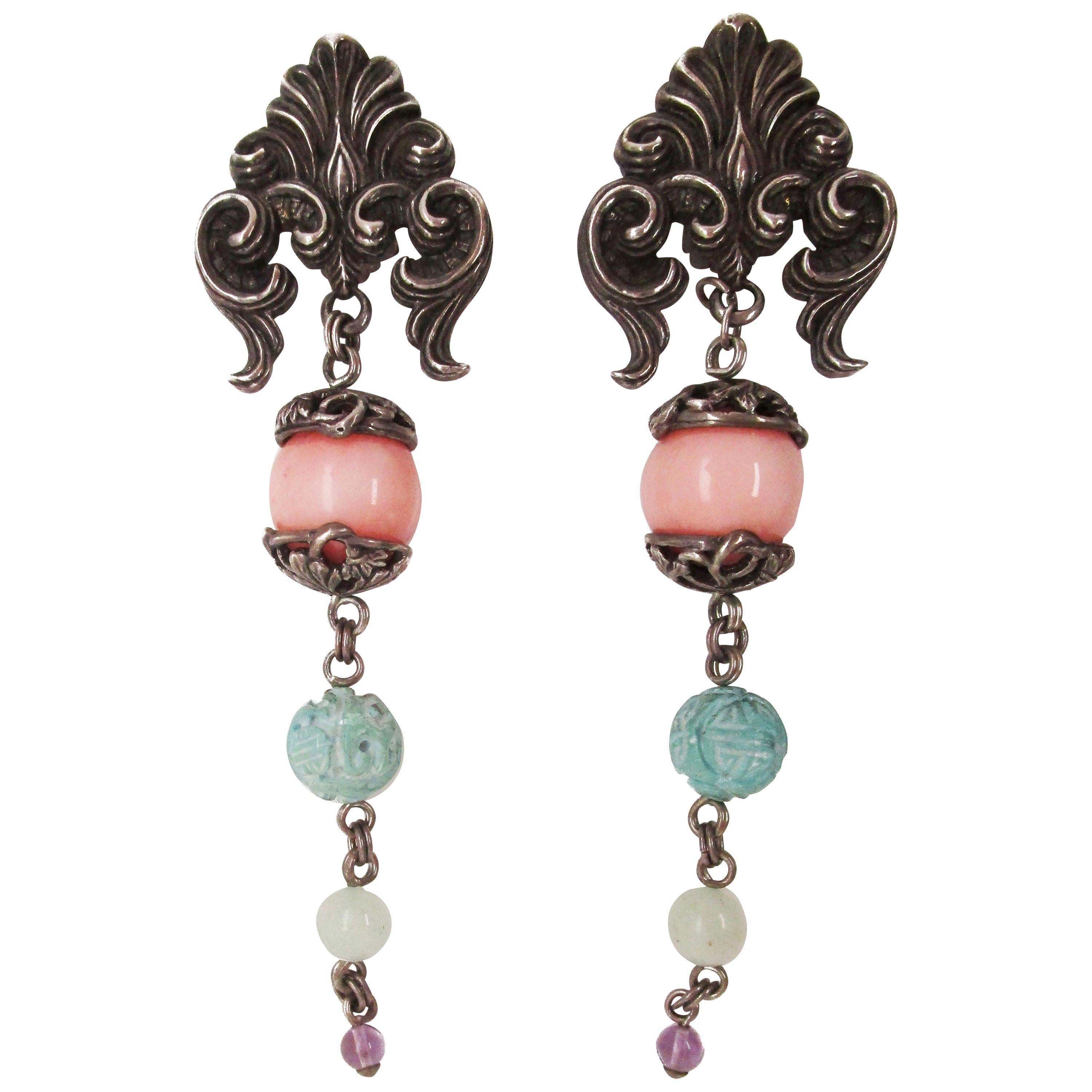 Stephen Dweck Sterling Silver Carved Turquoise Jade Amethyst Dangle Earrings For Sale