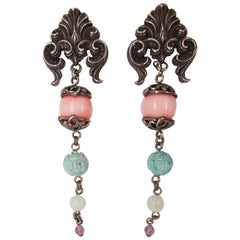 Stephen Dweck Sterling Silver Carved Turquoise Jade Amethyst Dangle Earrings