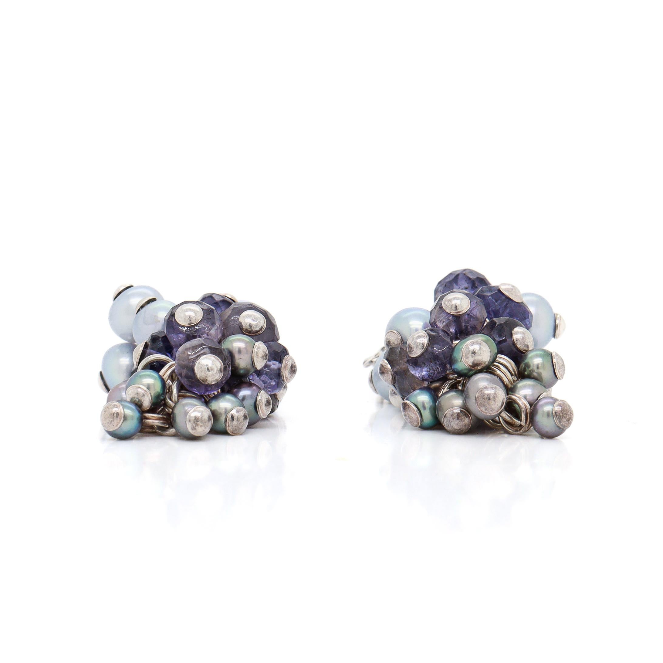 Stephen Dweck Sterling Silver, Gemstone, & Tahitian Pearl Grape Clip-On Earrings For Sale 4