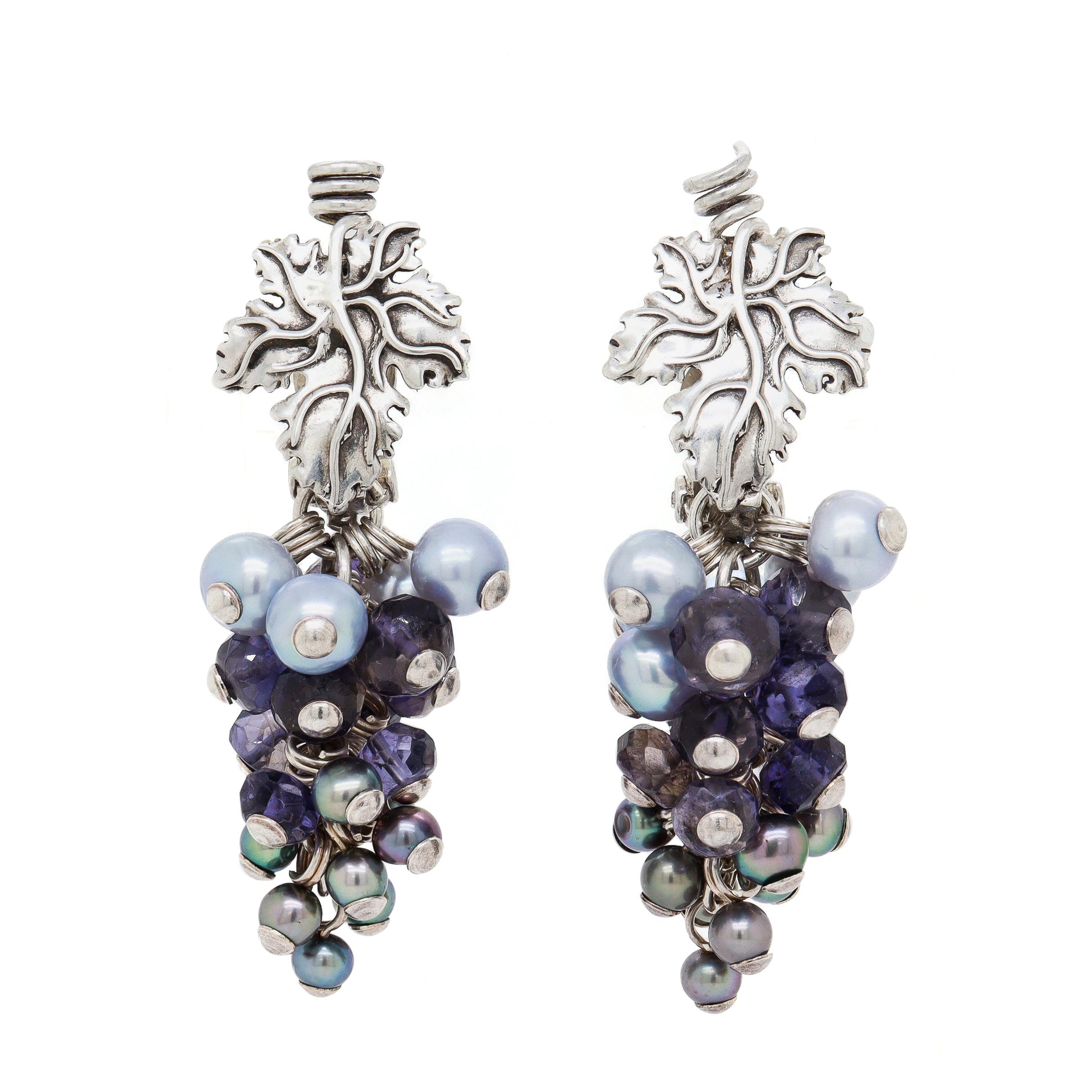 Round Cut Stephen Dweck Sterling Silver, Gemstone, & Tahitian Pearl Grape Clip-On Earrings For Sale