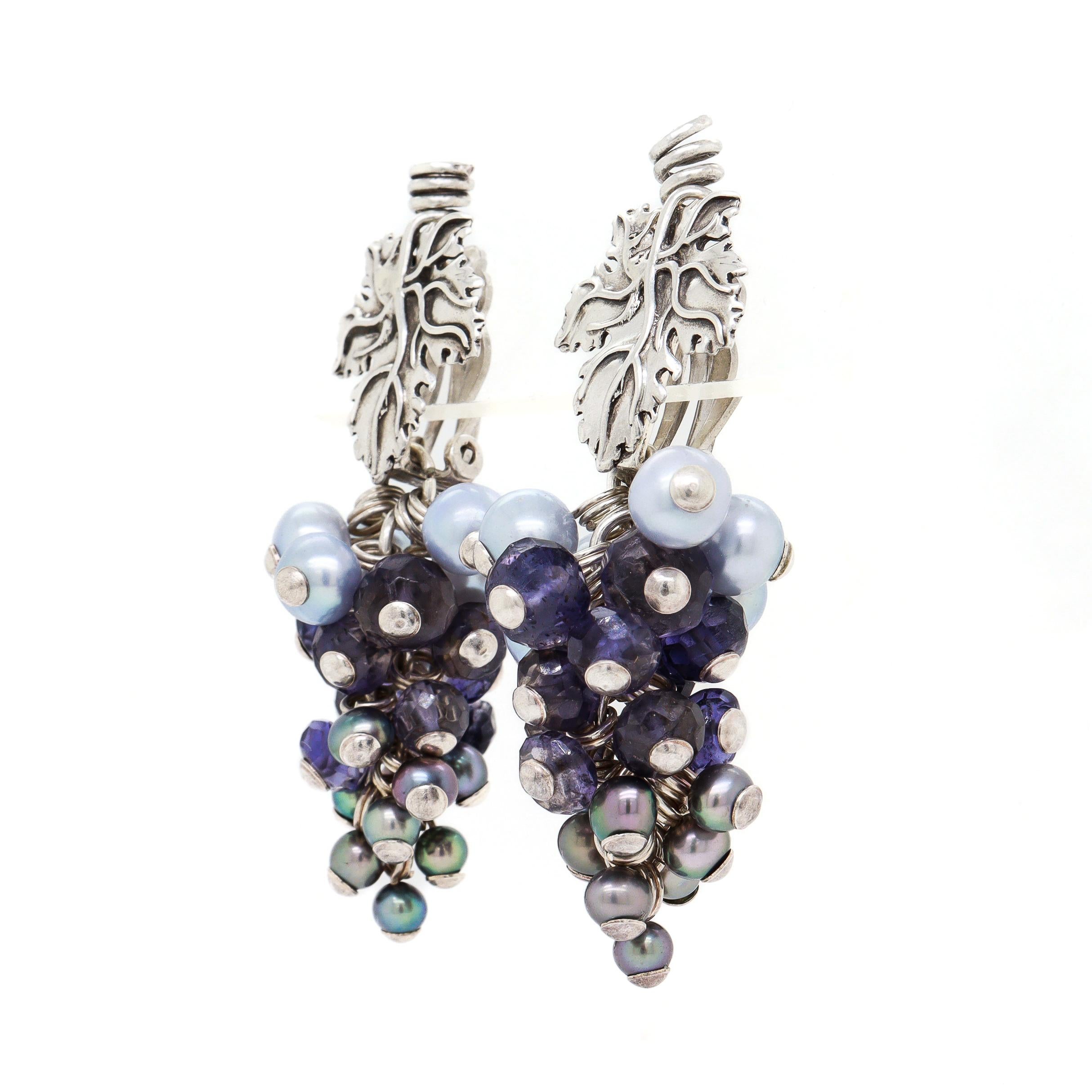 Stephen Dweck Sterling Silver, Gemstone, & Tahitian Pearl Grape Clip-On Earrings In Good Condition For Sale In Philadelphia, PA