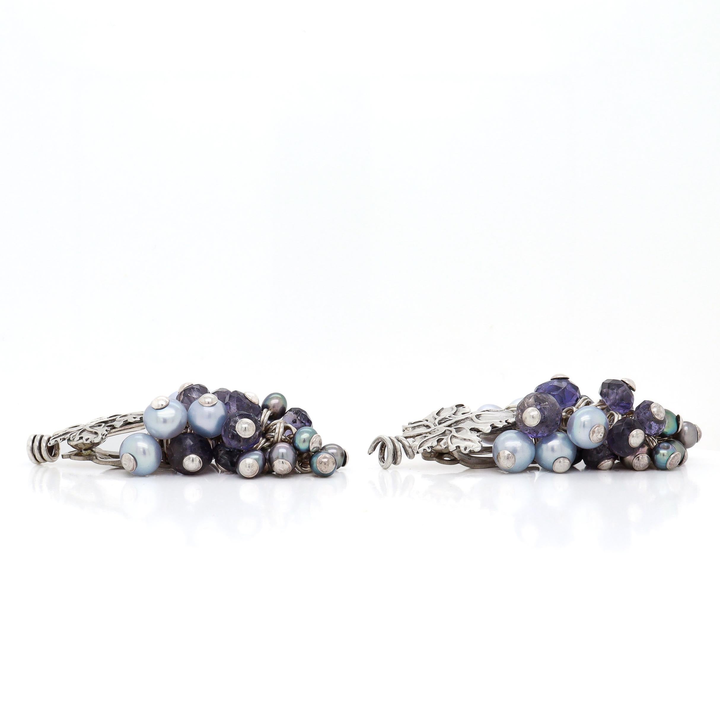 Stephen Dweck Sterling Silver, Gemstone, & Tahitian Pearl Grape Clip-On Earrings For Sale 3