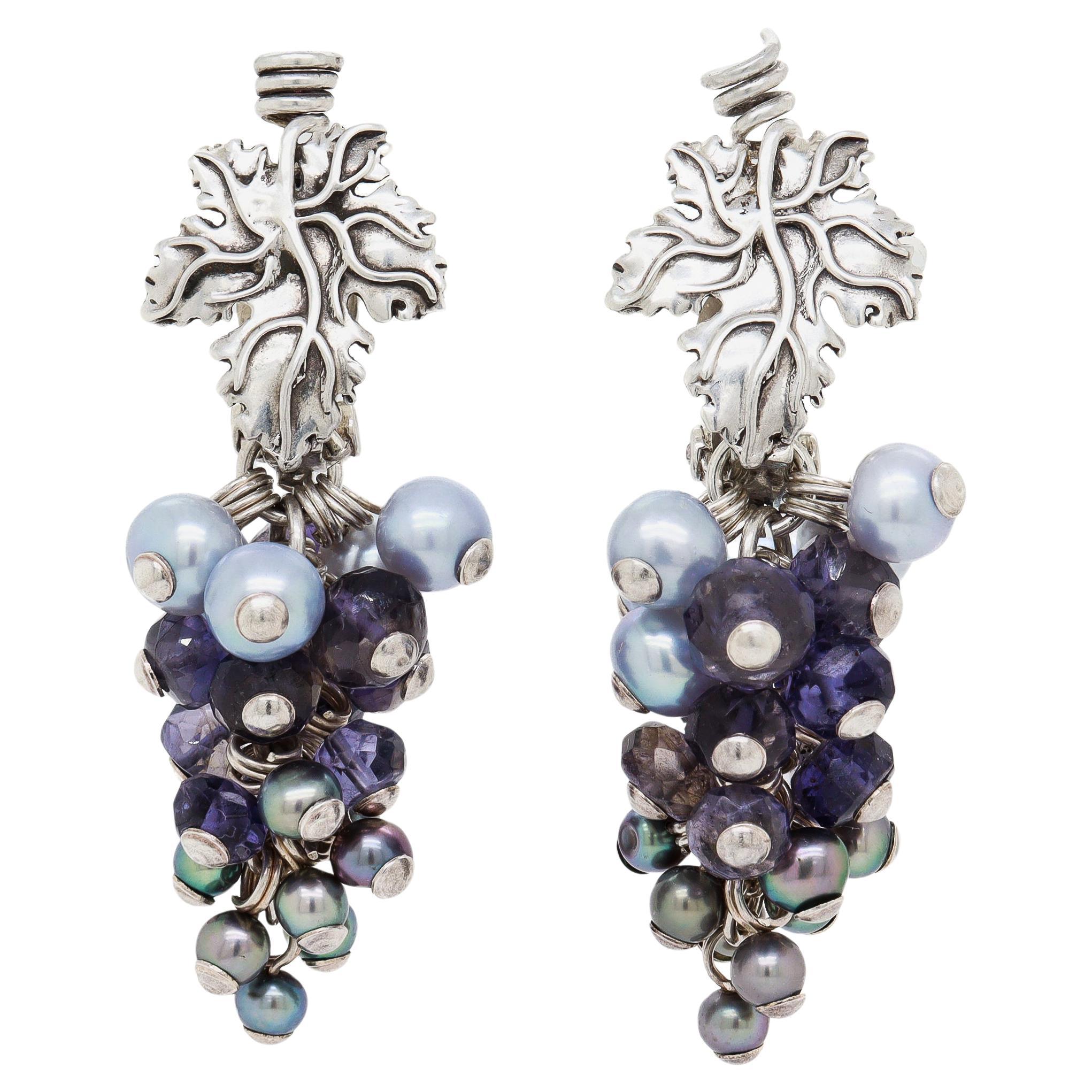 Stephen Dweck Sterling Silver, Gemstone, 
Tahitian Pearl Grape Clip-On Earrings For Sale