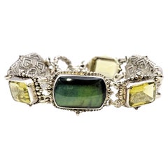 Stephen Dweck Sterling Silver Green Cabochon and Gemstone Bracelet