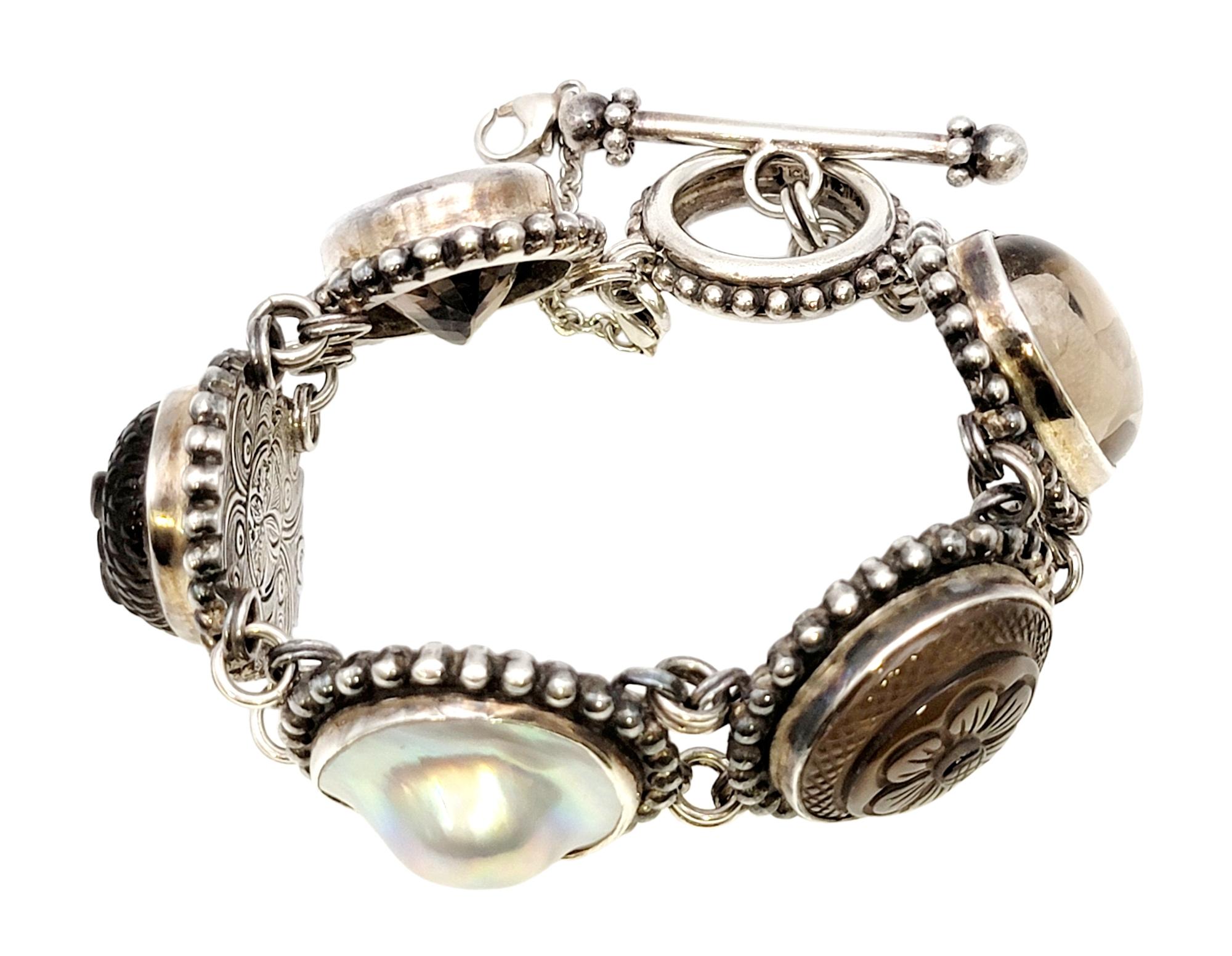 Contemporary Stephen Dweck Sterling Silver, Pearl, Brown and Gray Gemstone Chunky Bracelet For Sale