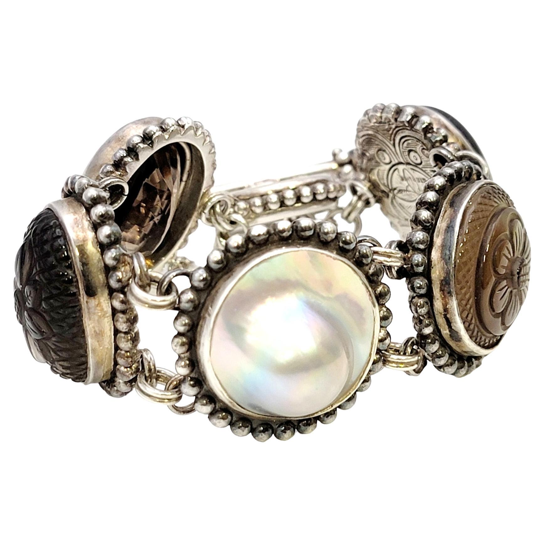 Stephen Dweck Sterling Silver, Pearl, Brown and Gray Gemstone Chunky Bracelet