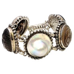 Stephen Dweck Sterling Silver, Pearl, Brown and Gray Gemstone Chunky Bracelet