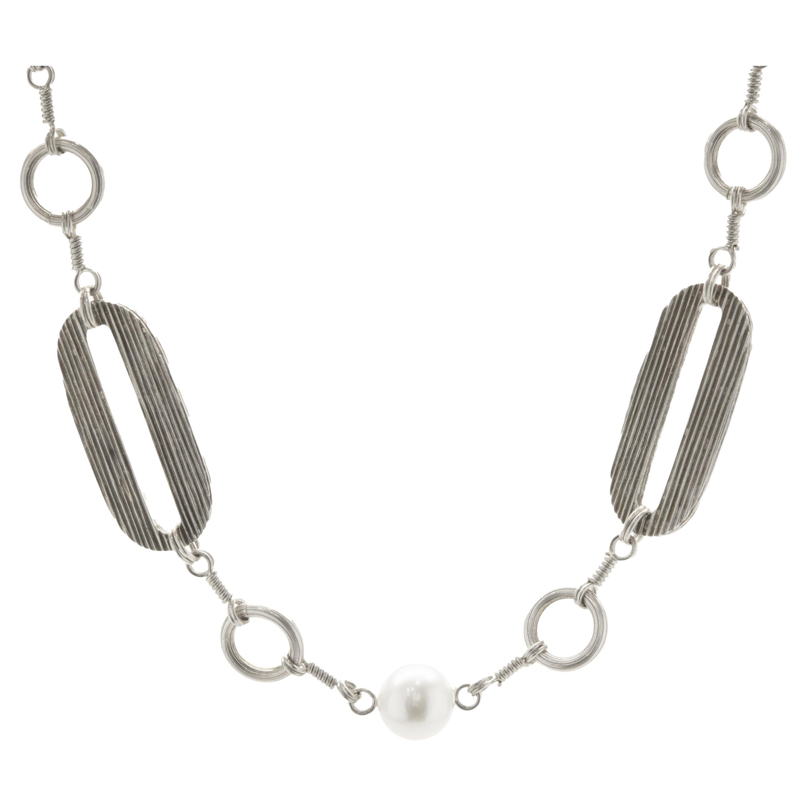 Stephen Dweck Sterling Silver Pearl Station Necklace For Sale