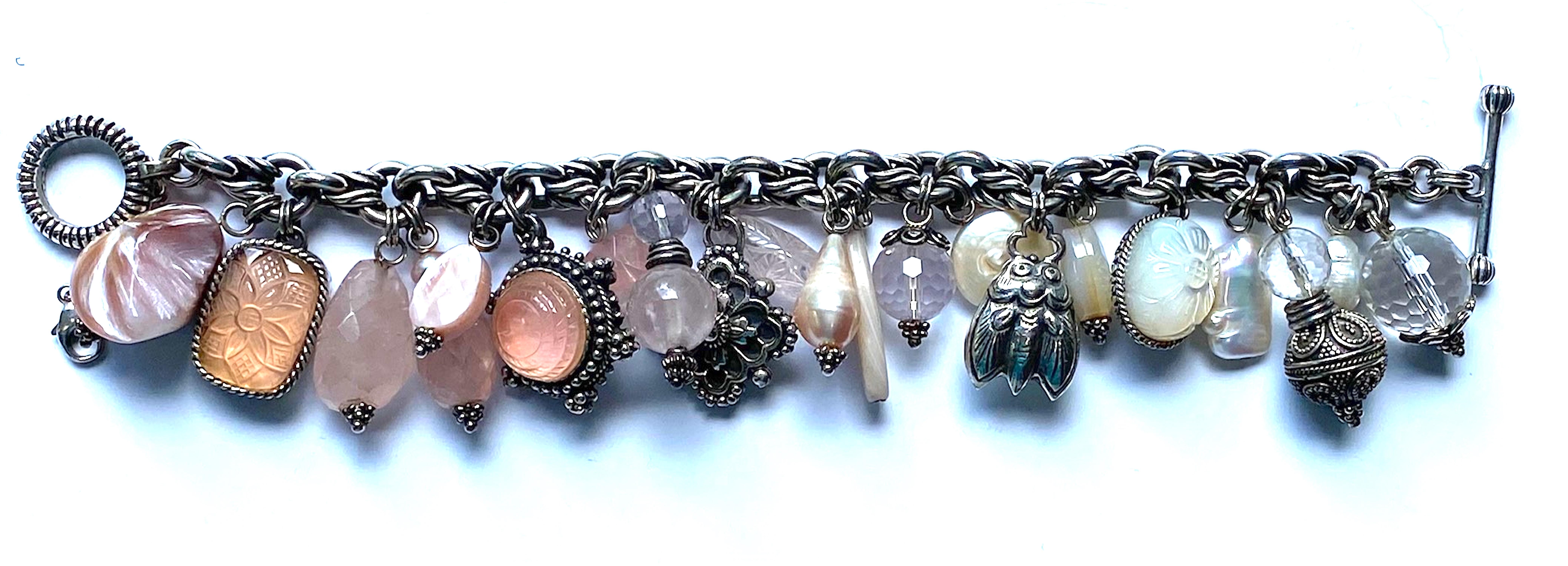 Stephen Dweck Sterling Silver, Rose Quartz & Pearl Charm Bracelet For Sale 4