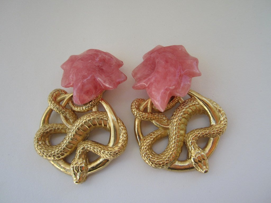 Stephen Dweck Sterling Silver Rose Quartz Serpent Snake Earrings - 1990s In New Condition In Wallkill, NY