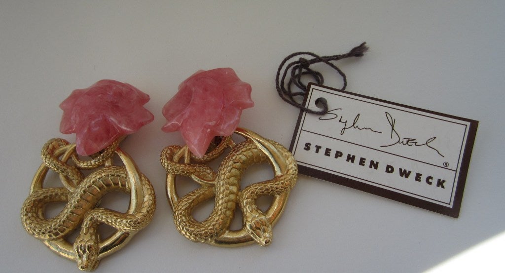 Women's Stephen Dweck Sterling Silver Rose Quartz Serpent Snake Earrings - 1990s